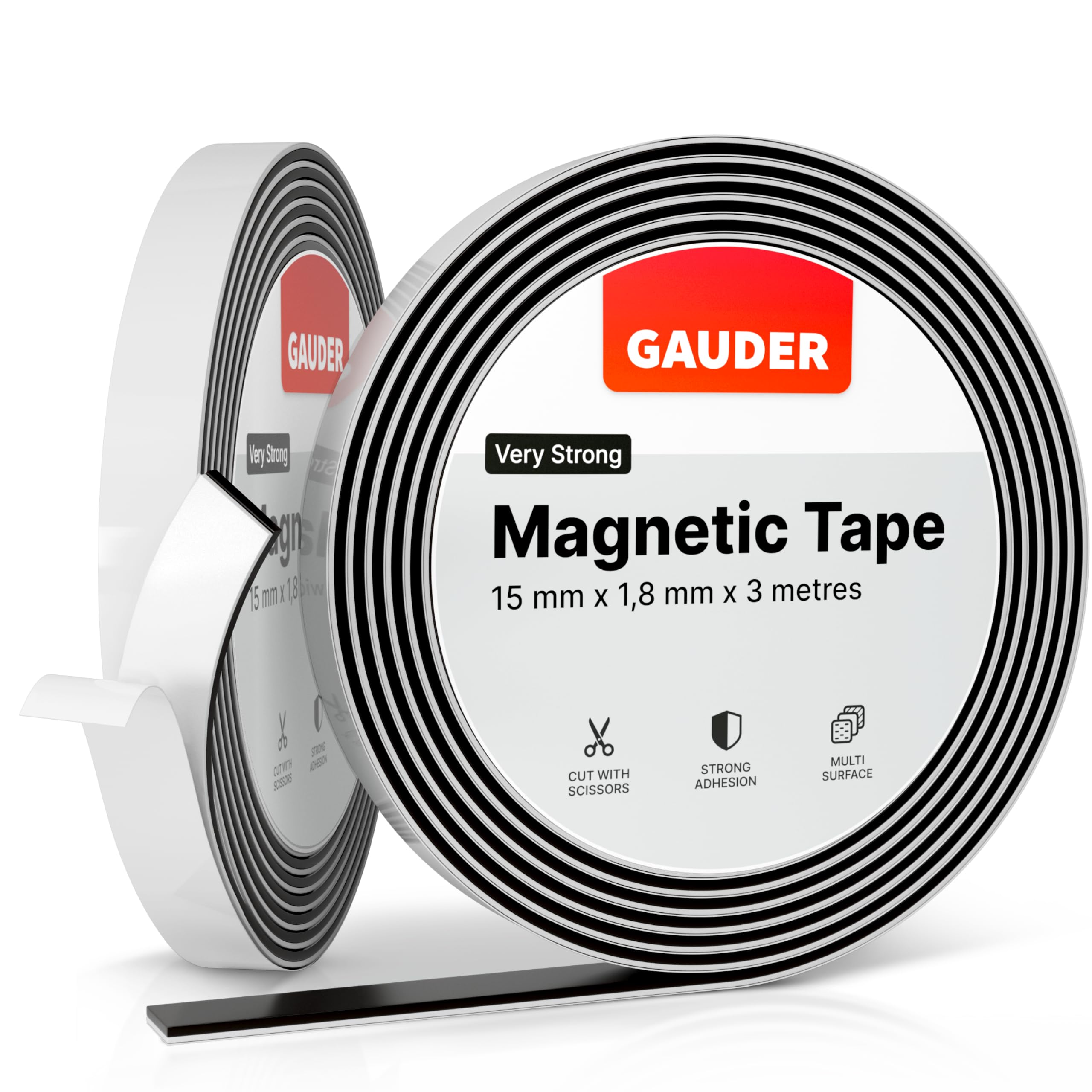 GAUDER Self-Adhesive Magnetic Tape Strong - Foam Adhesive Magnetic Strips for Uneven Surfaces - High Strength Magnet Roll with Enhanced Adhesion and Optimized Force (3 m x 15 mm)