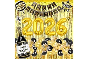New Years Eve Party Supplies - Happy New Year Decorations 2026, Black and Gold Balloon Decoration, Gold Foil Curtain Backdrop