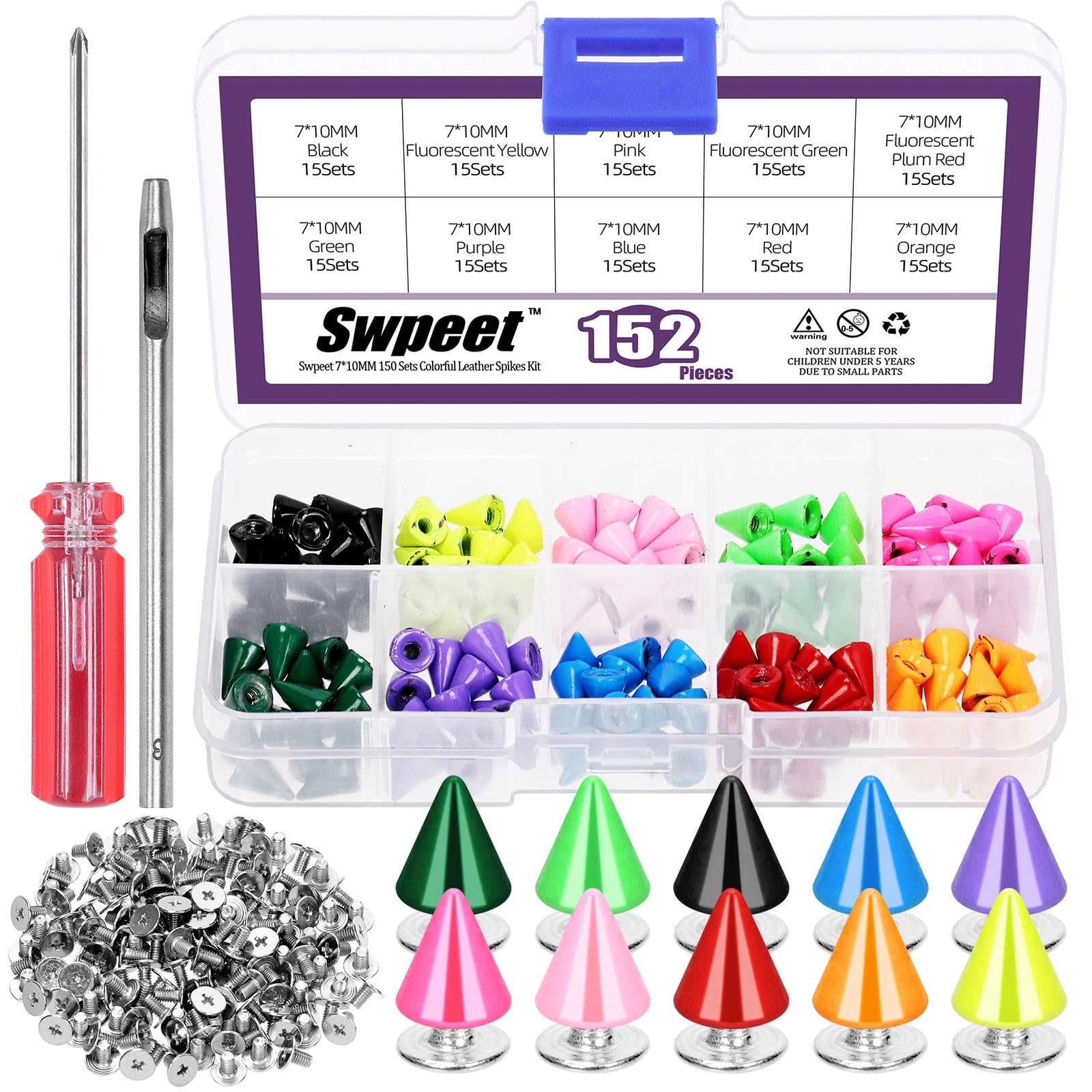 Swpeet 150 Sets 7X10mm Metal Cone Rivet and Screwbacks Kit with Installation Tools, Punk Metal Rivet Studs Rivets Screw, Leather Spikes for DIY Leathercraft Punk Style Clothing Accessories