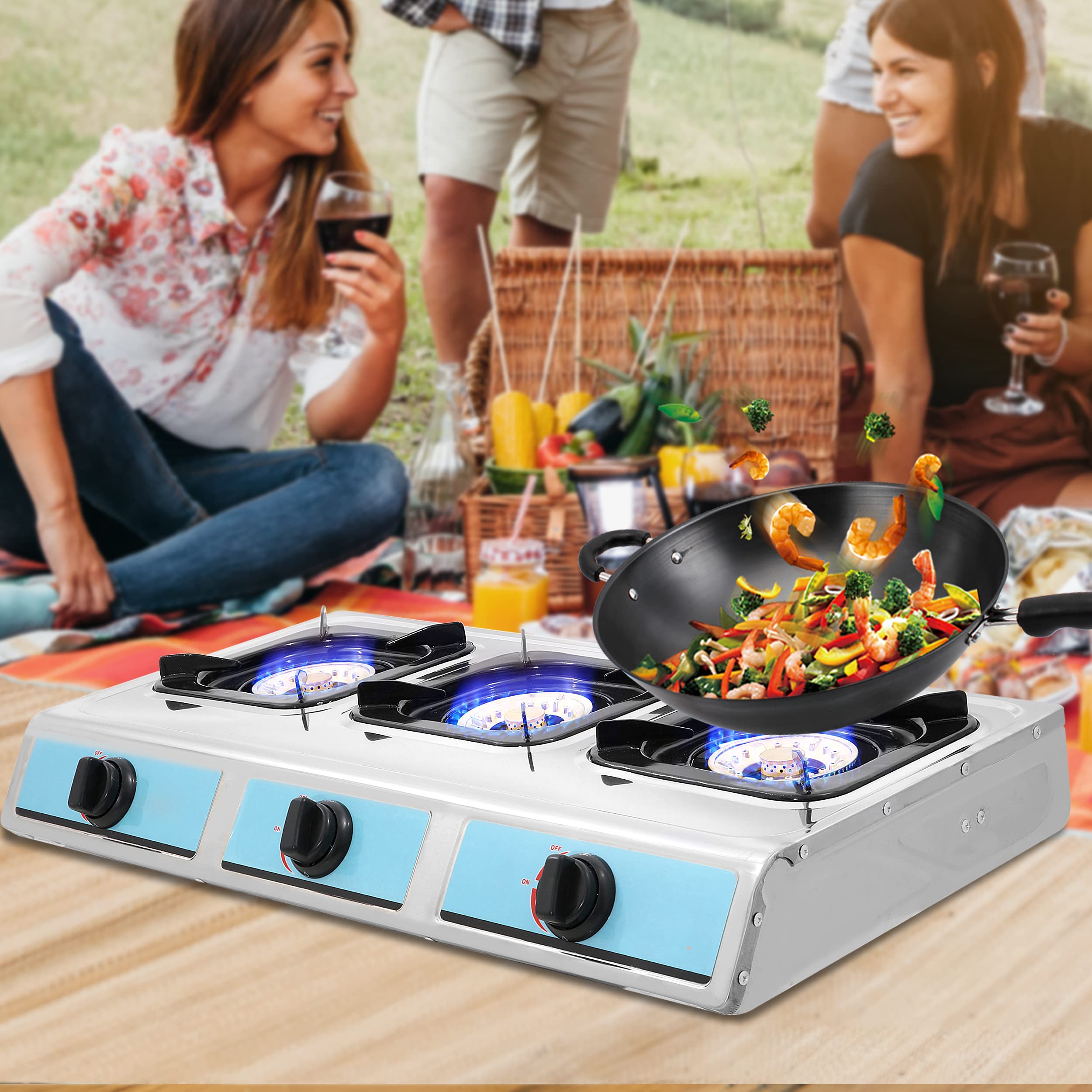 Stainless Steel 3 Burner Propane Gas Stove - Auto Ignition, Portable LPG for RV, Apartment, Outdoor