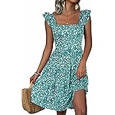 Loemes Summer Casual Cute Floral Flowy Square Neck Sundressses with Pocket Beach Dress for Women