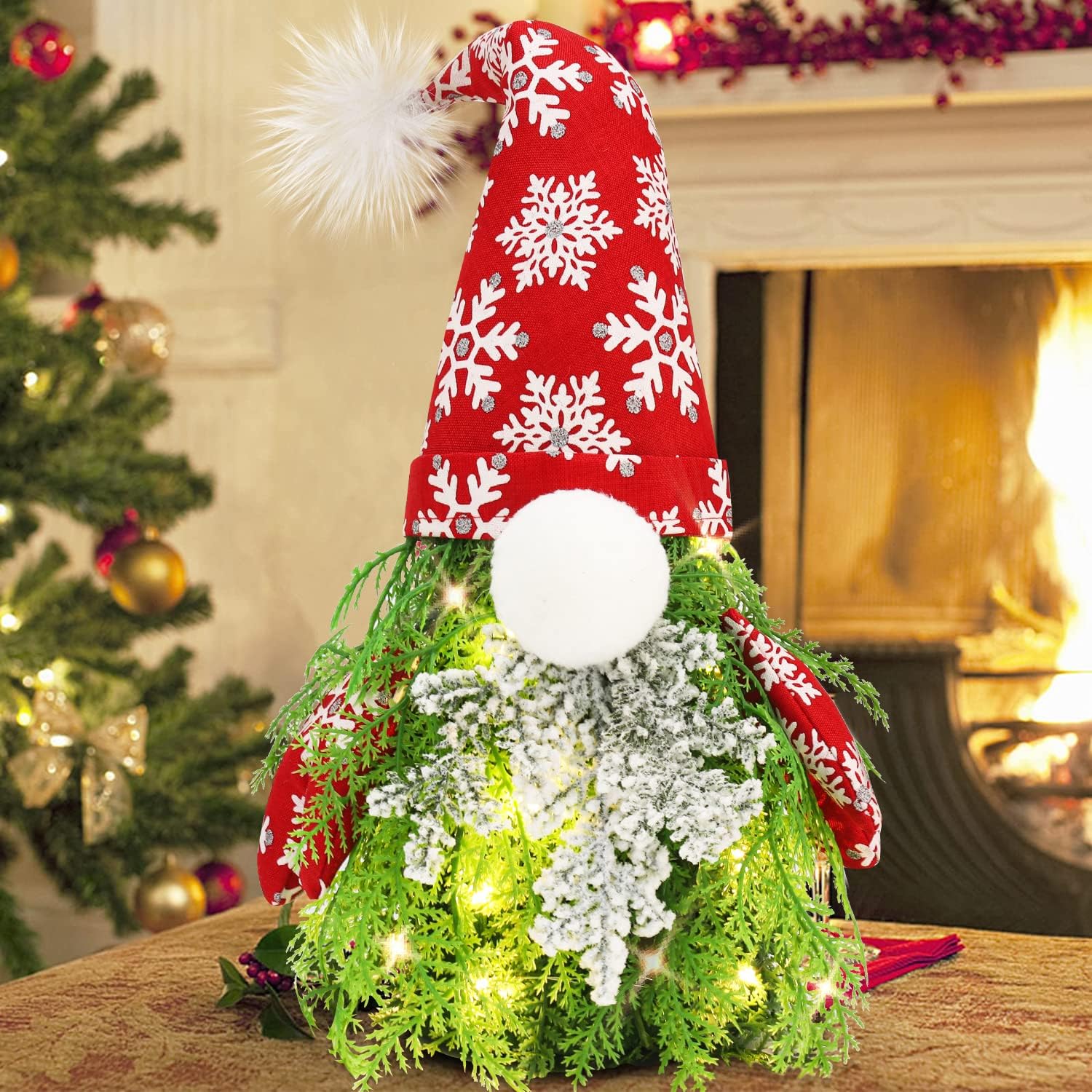 Trees - Tabletop Small Christmas Tree with Lights - 18 Inch Artificial Mini Christmas Trees for Winter Holiday Xmas Decor, Red Gnome Christmas Decorations for Home Office