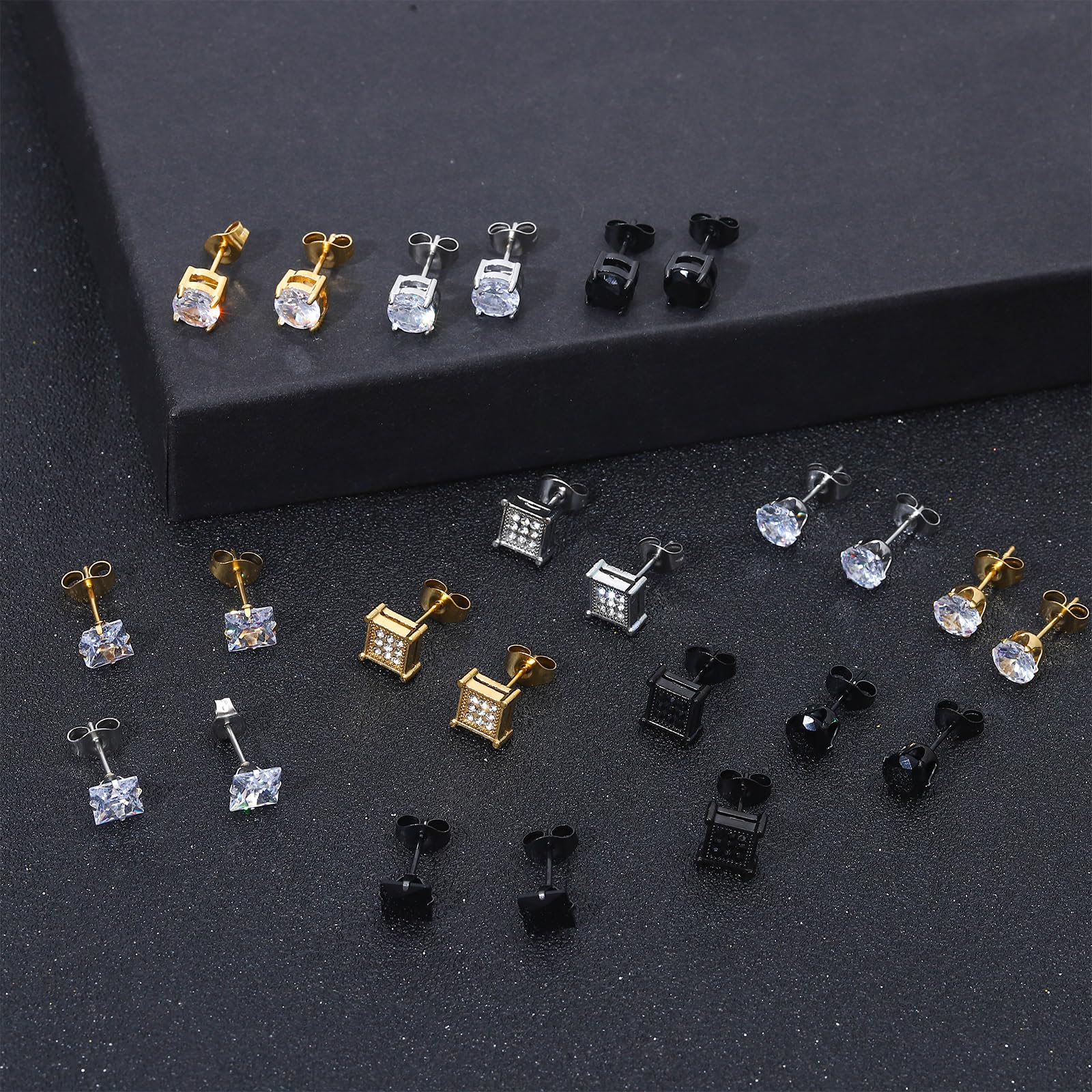 NEWITIN 12 Pairs Stainless Steel Stud Earrings for Men Hypoallergenic Earring Unisex Studs Inlaid Cubic Zirconia Men Earrings Hoop CZ Stud Earring Set for Women