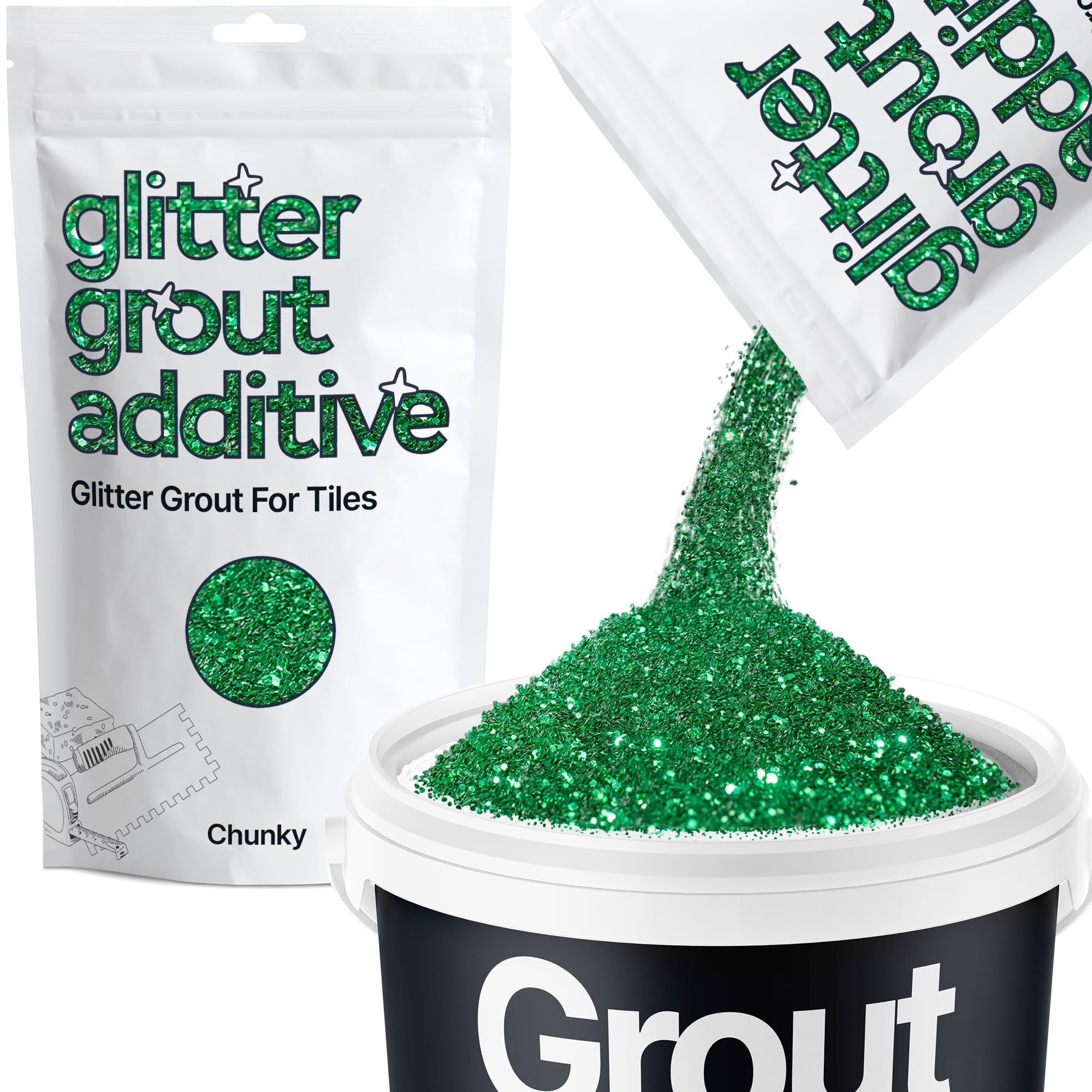 Hemway Emerald Green Glitter Grout Additive Chunky 100g Metallic Flakes for Adding Sparkle to Kitchen & Bathroom Tiles | Enhance Your Indoor Grouting Projects with a Durable Sparkly Effect