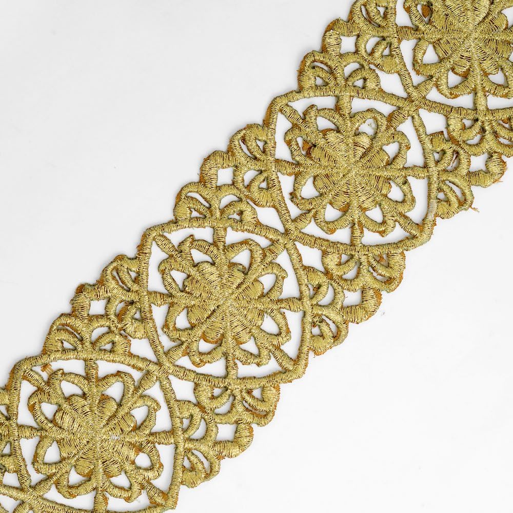 2-Yards Iron on Metallic Lace Trim for Bridal, Costume or Jewelry, Crafts and Sewing, 2-1/4 Inch, SMB-3005 (Gold)