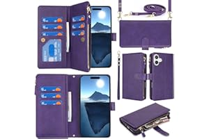 Jaorty Fit for iPhone 16 Plus 5G Phone Case Wallet for Women with Strap,Crossbody Shoulder Lanyard Wallet Case for iPhone 16 Plus with Card Holder,Zipper Pocket PU Leather Phone Case,6.7" Purple