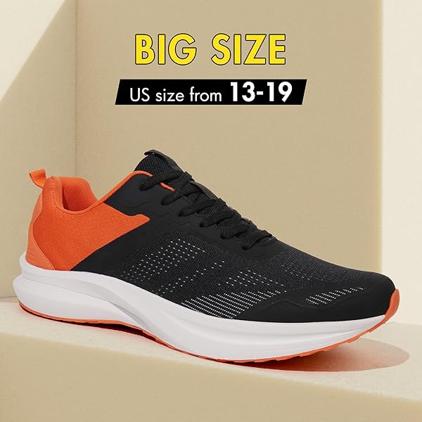 HAWKWELL MEN’S PLUS SIZE WALKING SHOES NON-SLIP WORKOUT FASHION SNEAKERS US SIZE 13 14 15 16 17 18 19, BLACK ORANGE PU, 19 M US