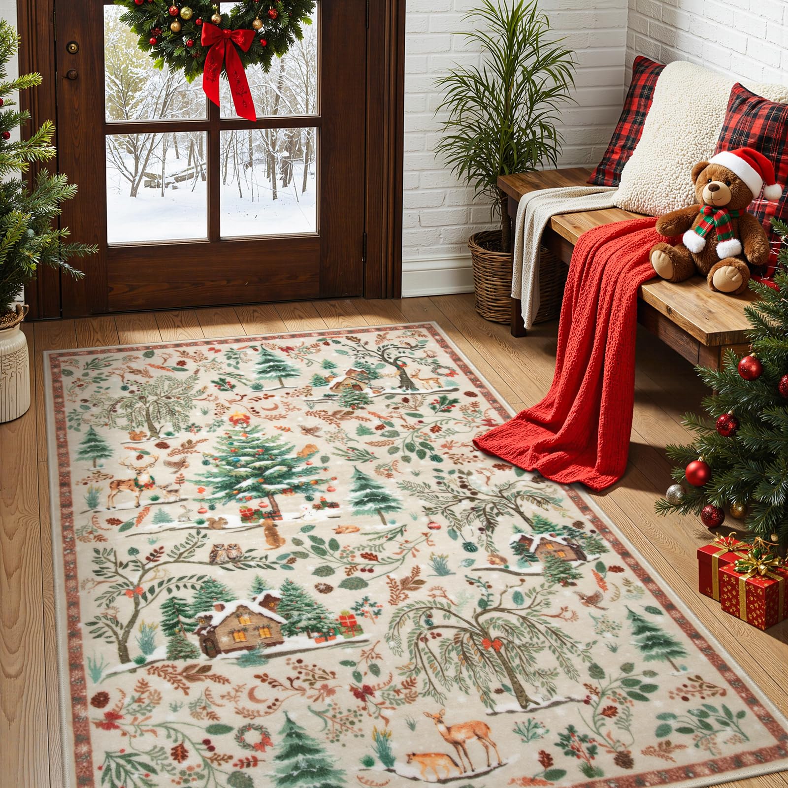 Photo 1 of ***(HEAVILY USED/ MINOR DAMAGE)***Lahome Christmas Washable Rug 3x5, Non Slip Christmas Entryway Area Rug, Soft Xmas Living Room Throw Rug, Ultra Thin Indoor Floor Carpet for Kitchen Bedroom Holiday Decor, Beige