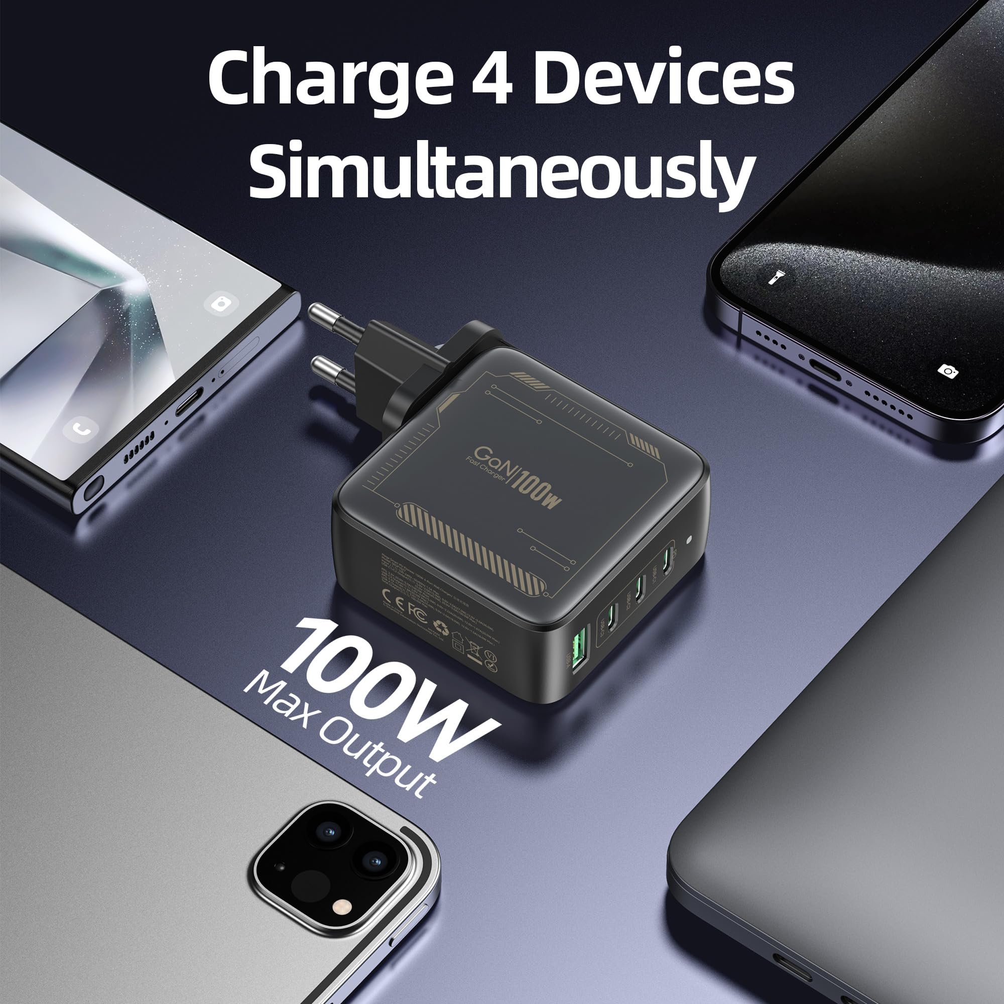 100W USB C Ladegerät 4-Ports GaN Schnellladegerät, PD3.0 USB C Netzteil PPS Ladegerät, für MacBook Pro 16/15/14/13 Zoll, iPad Pro, iPhone 17/16/15/14/13, Galaxy S24/S23, HP, Dell, ThinkPad 3