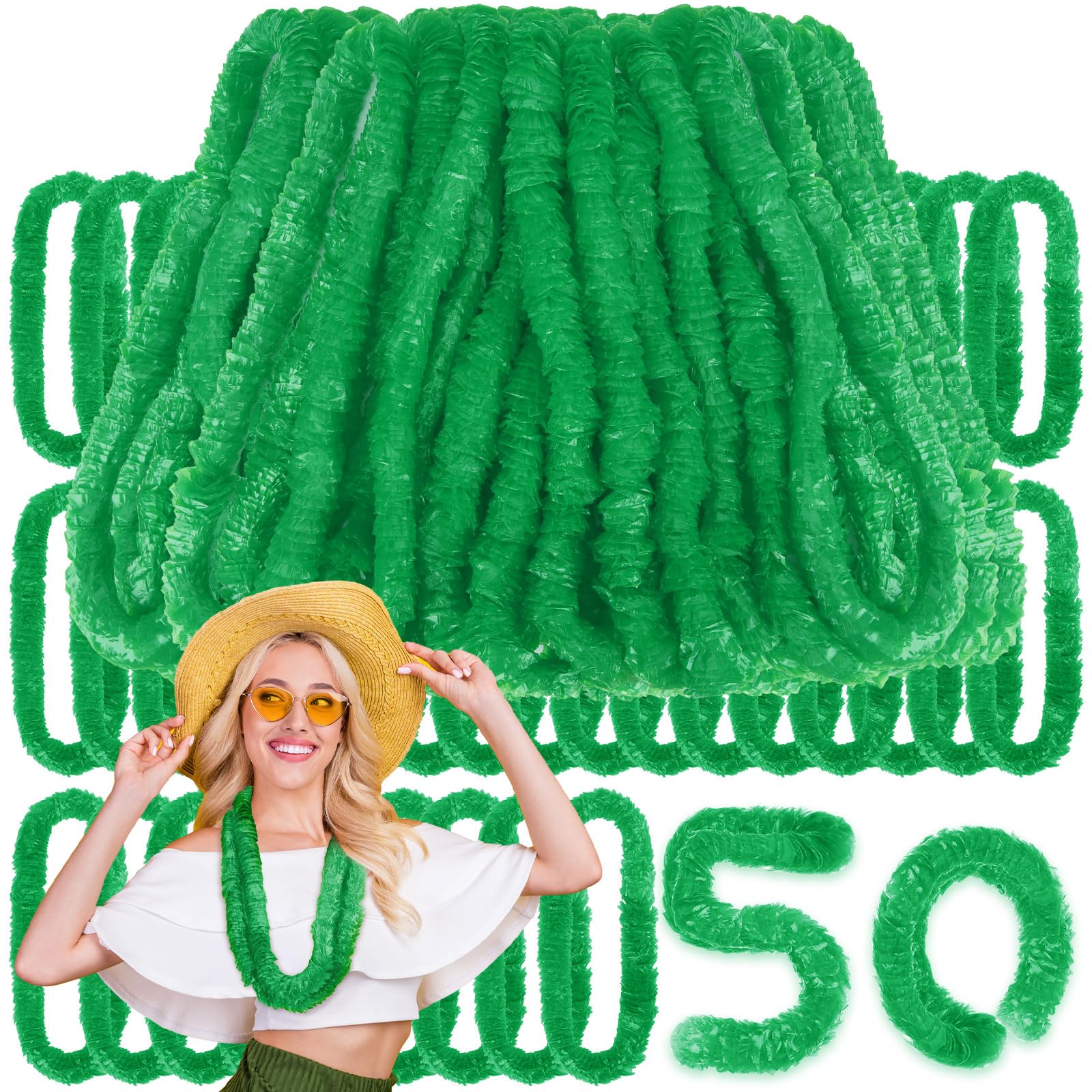 Photo 1 of Janinka 50 Pcs Hawaiian Leis for Luau Party, Soft Twist Tropical Flower Necklaces 36 Inch Plastic Lei for Summer Beach, Pool Parties and Tropical Themed Events(Green)
