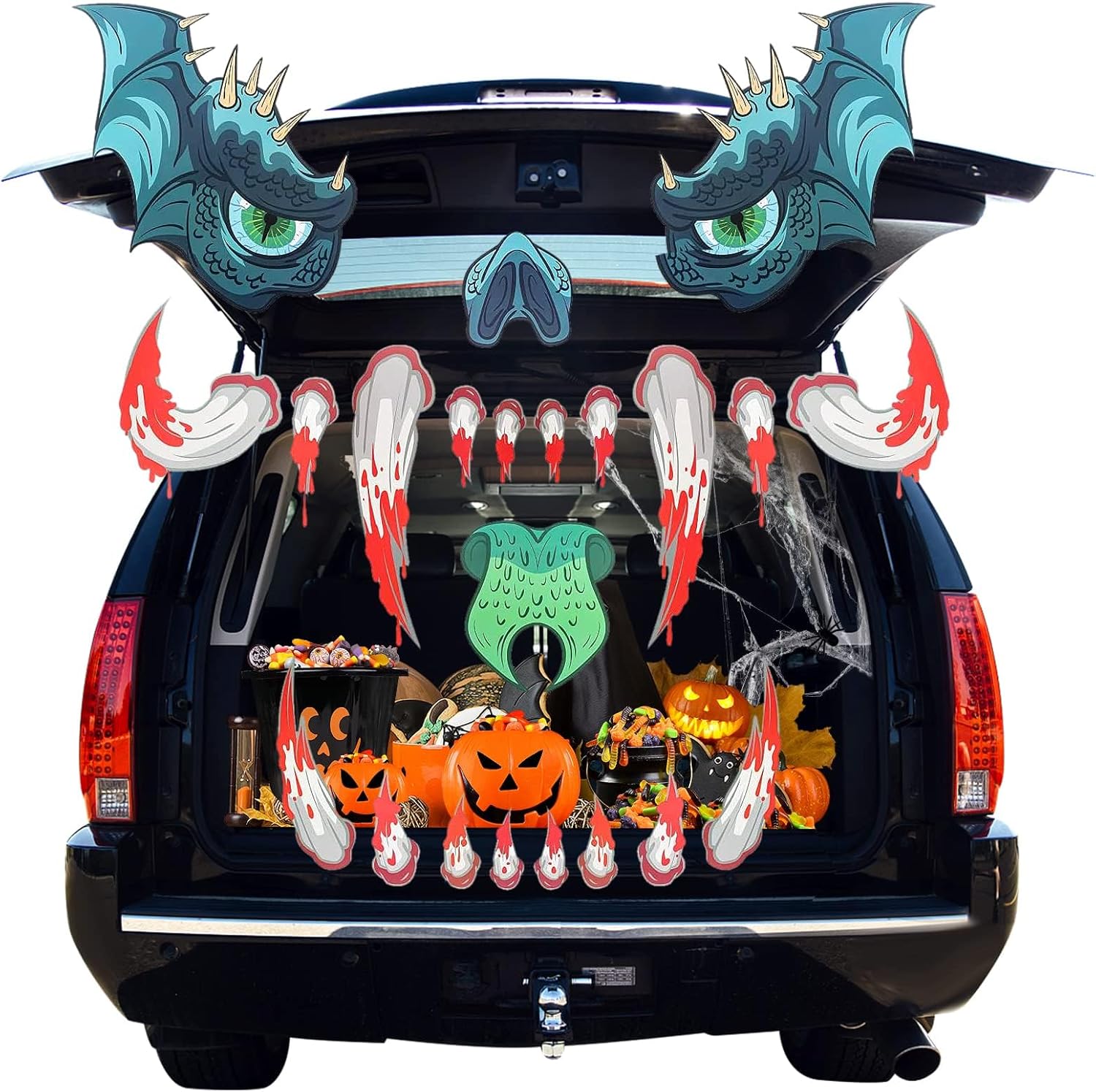 Garage Door Decorations - Trunk or Treat Car Decorations - Halloween Scary Fangs Monster Face Sticker with Adhesive Tape for Garage Door, Archway, Haunted House, Home, Outdoor