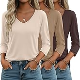 Huukeay 3 Pack Women's 3/4 Sleeve T-Shirts, V Neck Casual Tops Loose Fit Tunic Basic Tees 3/4 Length Sleeve Soft Blouses
