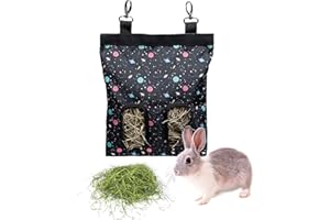 LENPESTIA Rabbit Hay Feeder Bag Guinea Pigs Hanging Hay Rack Manger Holder Dispenser Small Animal Feeder Storage Pouch for Bunny Chinchilla Hamster (Pattern Black, 2 Windows)