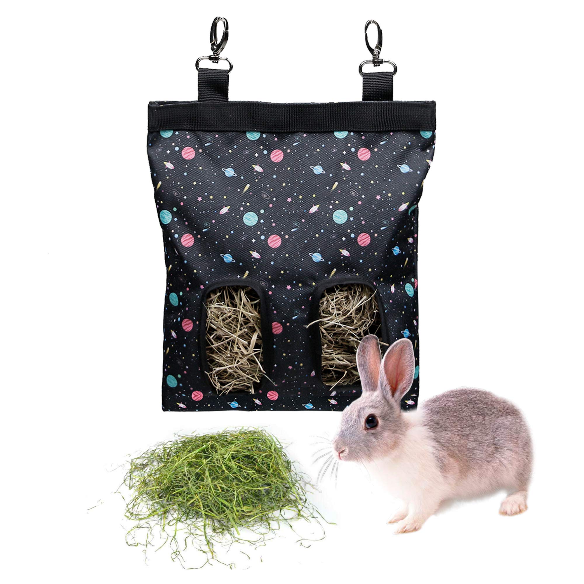 Rabbit Hay Feeder Bag Guinea Pigs Hanging Hay Rack Manger Holder Dispenser Small Animal Feeder Storage Pouch for Bunny Chinchilla Hamster (2 Windows, Pattern Black)