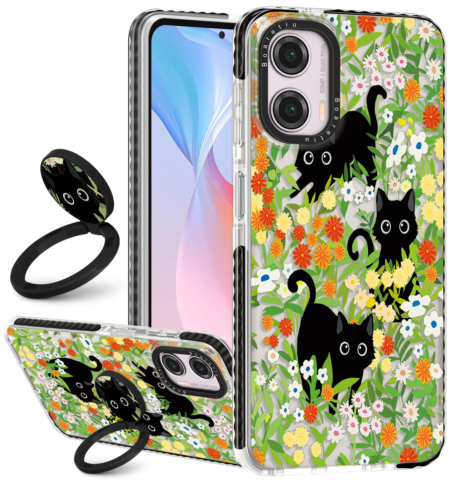 Boaretiu Cute Kawaii Case for Moto G Power 5G 2024 with Stand - Fashion Cool 360° Rotate Ring Holder Kickstand Design for Women Girls Boys Teens Girly Case for Motorola Moto G Power, Flower Cat