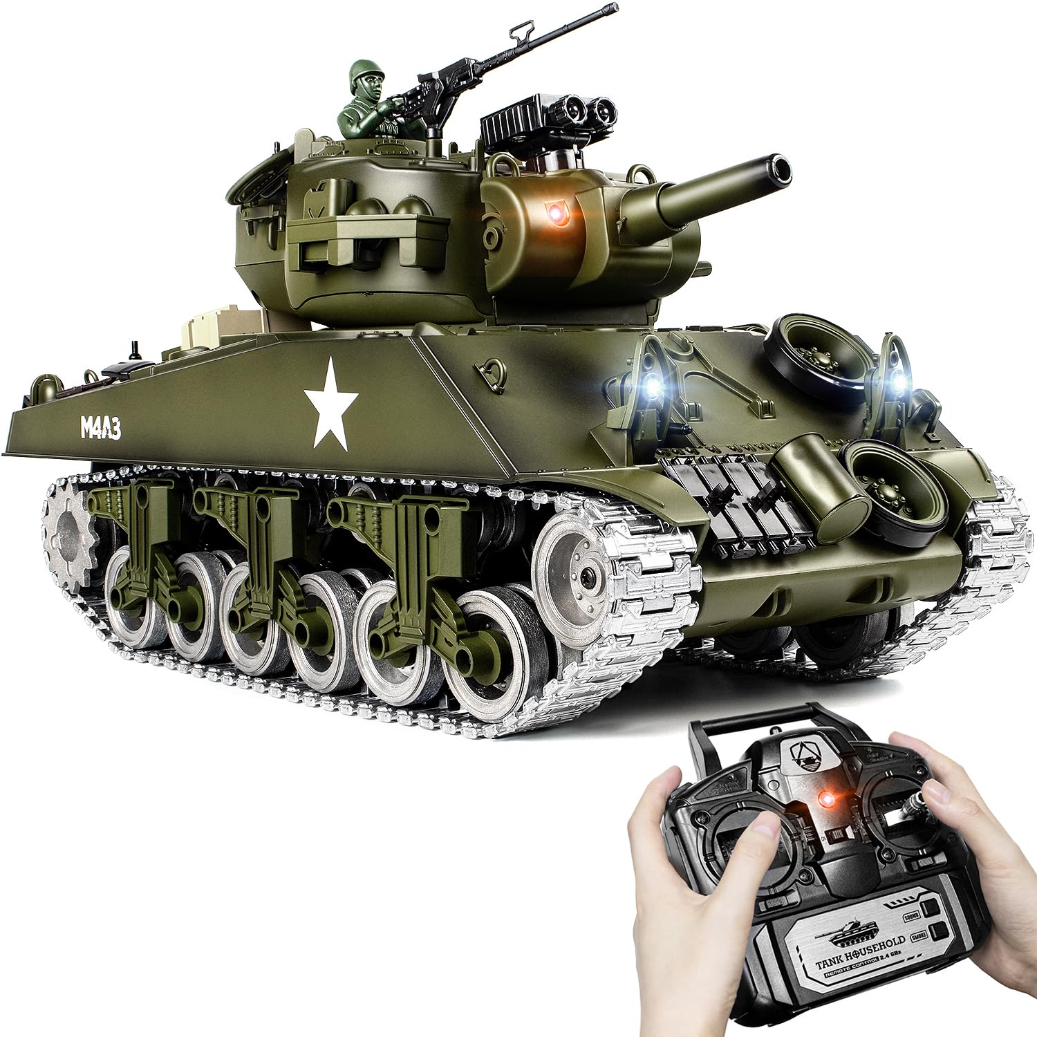 Supdex 1:18 RC Tank, Metal US M4A3 Sherman Remote Control Model Army Tank That Shoots BBS and Water Bombs, 2.4Ghz RC Vehicle Military Toys with Smoke, Lights, Sound, and Recoil for Kids and Adults