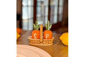 Carrots in Basket Spring and Summer Salt and Pepper Shaker Set, Hand Painted Ceramic, Orange and Green, 4.5" High, 2 Piece Se
