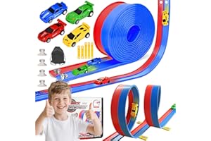 HTPREC 20ft Flexible Race Track for Kids with 4 Pull-Back Cars & Portable Storage Bag,4pcs Strong Suction Cups,5pcs Track Stabilizers,for 1/64 Cars,Roll Up Slot Car Race Track with Loops