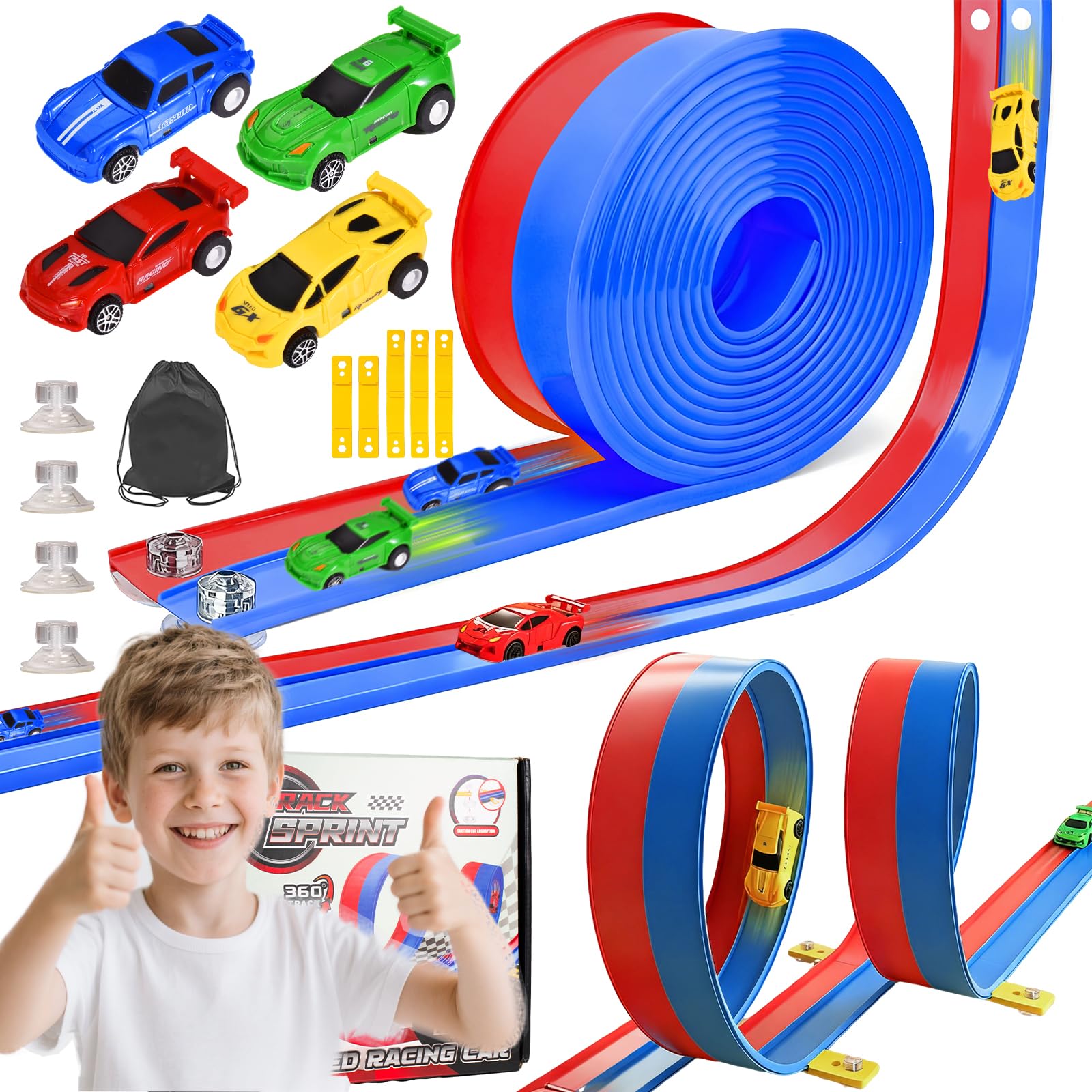 Photo 1 of 20ft Flexible Race Track for Kids with 4 Pull-Back Cars & Portable Storage Bag,4pcs Strong Suction Cups,5pcs Track Stabilizers,for 1/64 Cars,Roll Up Slot Car Race Track with Loops