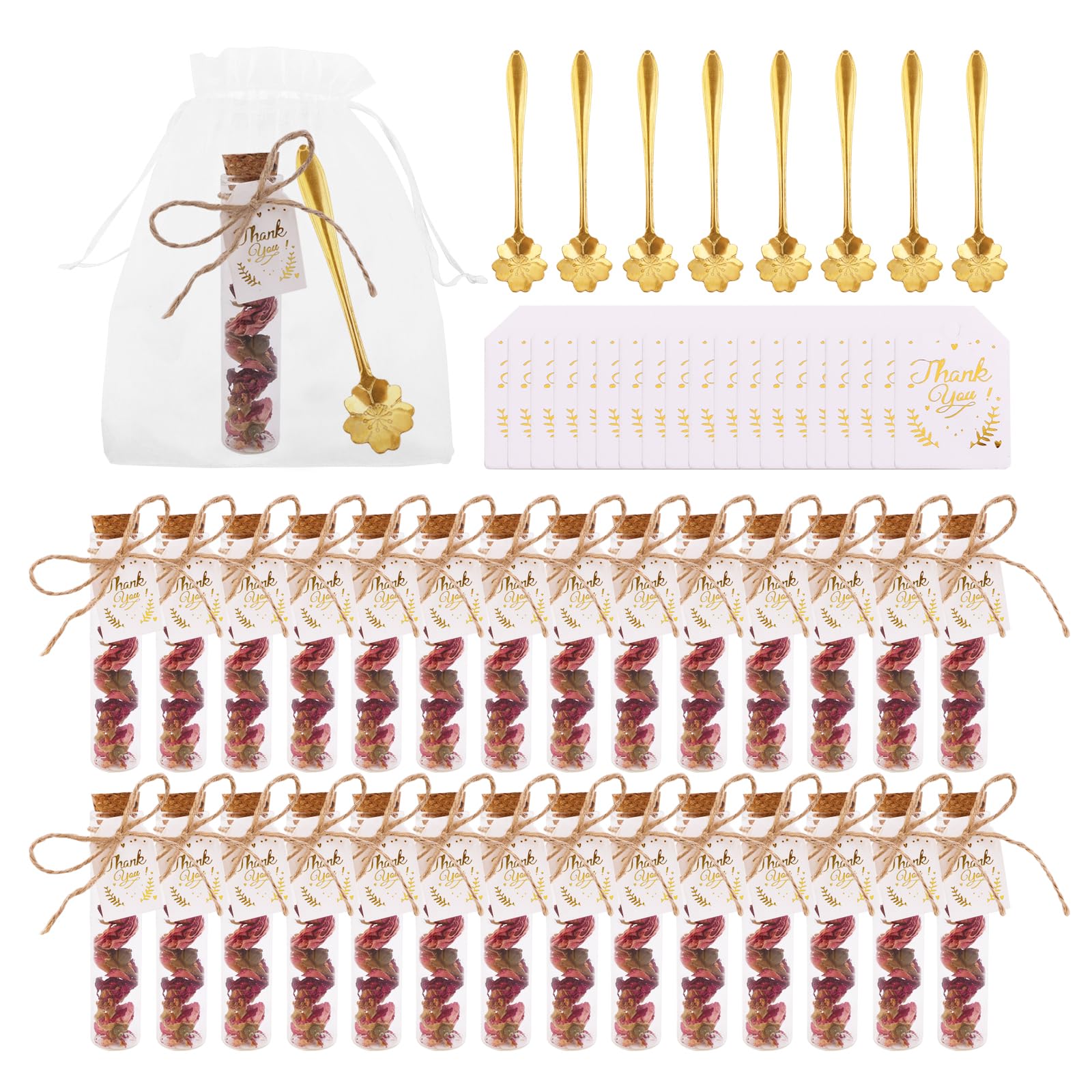 Photo 1 of 28 Sets Tea Party Favors Bulk, Rustic Wedding Guest Gifts with 4.13" Glass Tea Jars, Gold Stainless Steel Teaspoons, Gift Tags, Organza Bags, and Rope, Thank You Gift Set