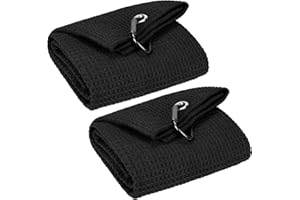 VIVIDLY 2 Pack 16" x 24" Tri-fold Golf Towels, Premium Microfiber Fabric Waffle Pattern with Black Heavy Duty Carabiner Clip, Golf Towels for Golf Bags for Men (Black)
