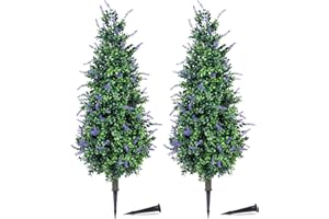 Artificial Topiary Ball Trees with Lavender Set of 2 35" Outdoor Faux Plants Realistic Fake Bushes Lifelike Shrubs Decoration