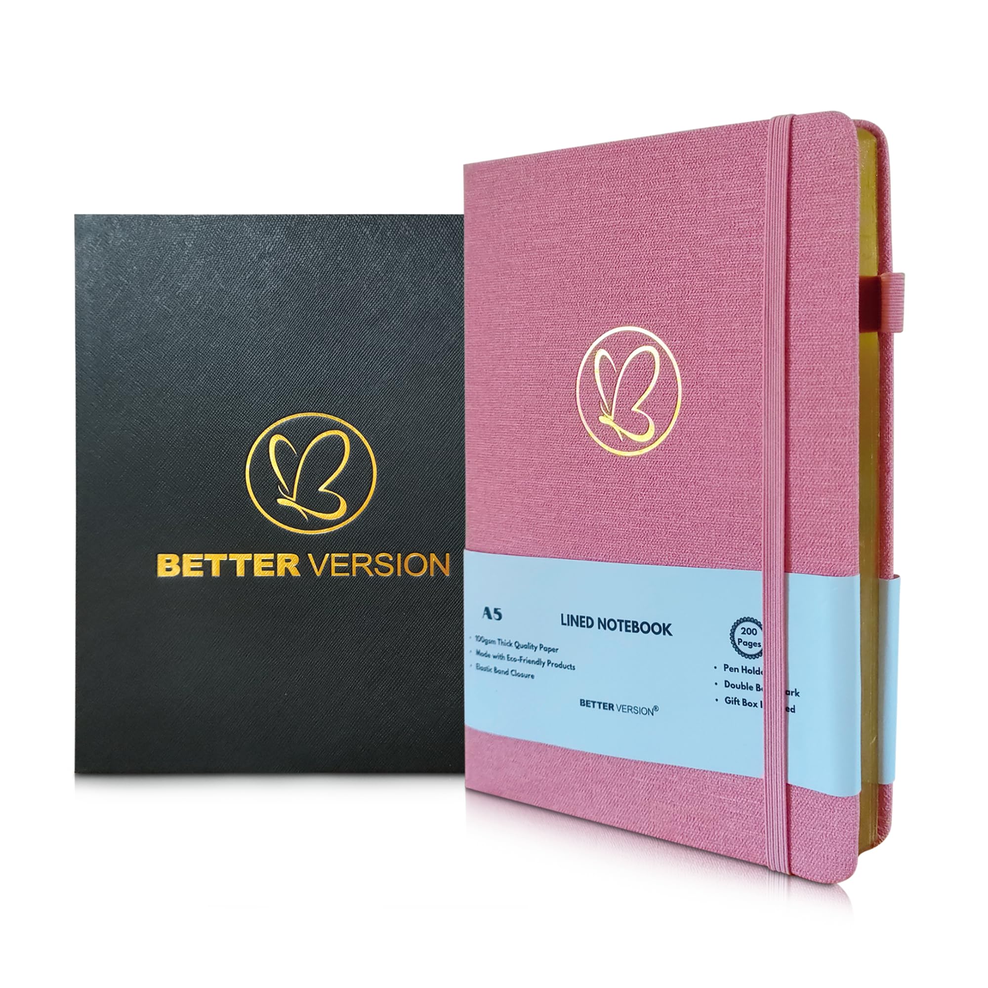 Better Version® A5 Lined Notebook with Gold Edges - Journal Notebook for Women and Men - 200 Pages with Gift Box- 100gsm Quality Paper- Linen Hardcover (Pink)