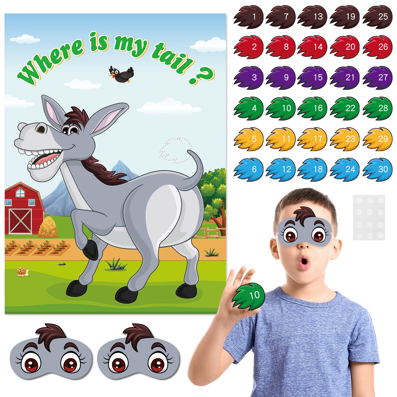 NEBURORA Pin The Tail on The Donkey, Party Game with 30 Pcs Tails for Kids Birthday Party Carnival Circus Christmas Party Supplies