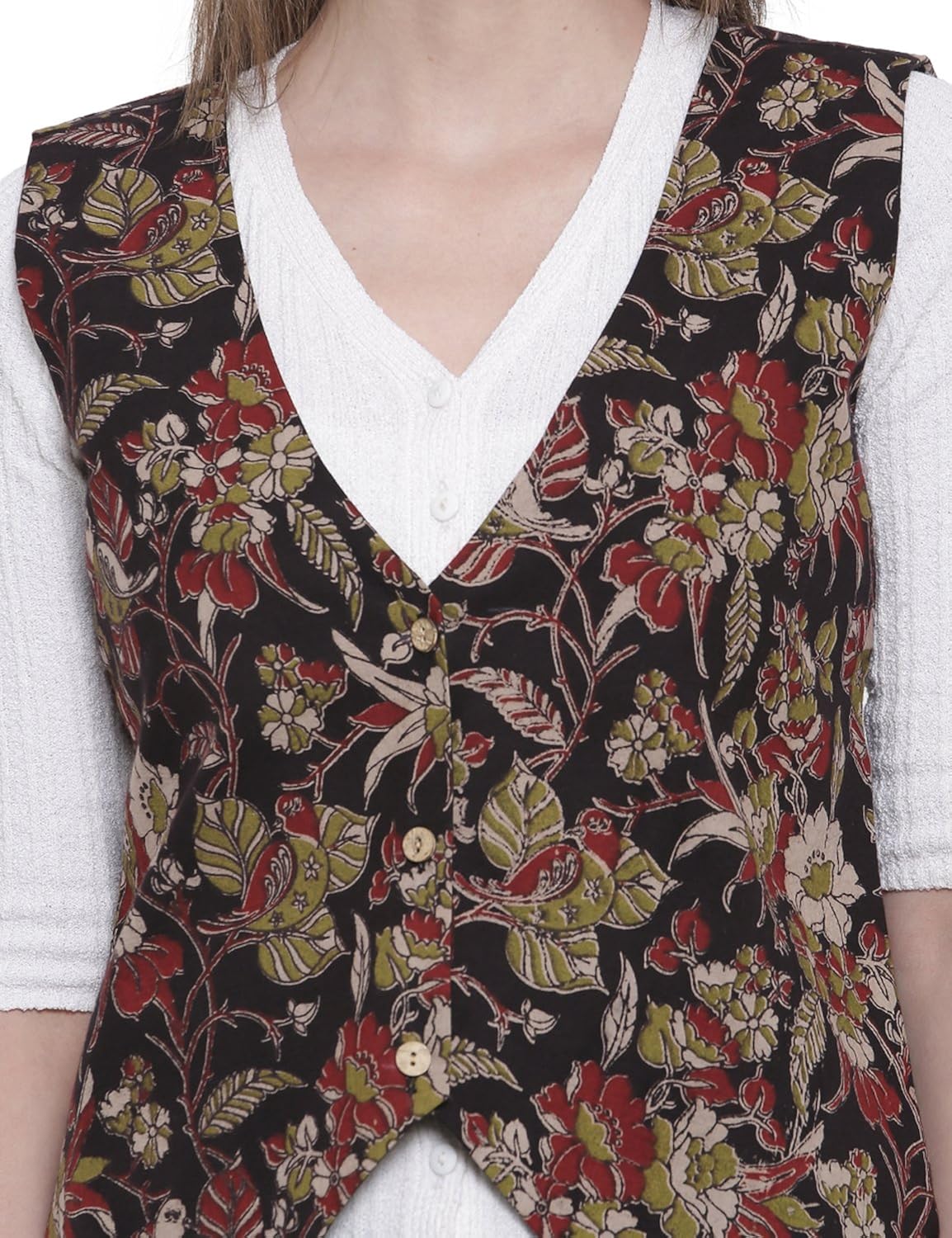 soochirang women's kalamkari hand block sleeveless pure cotton short waist coat