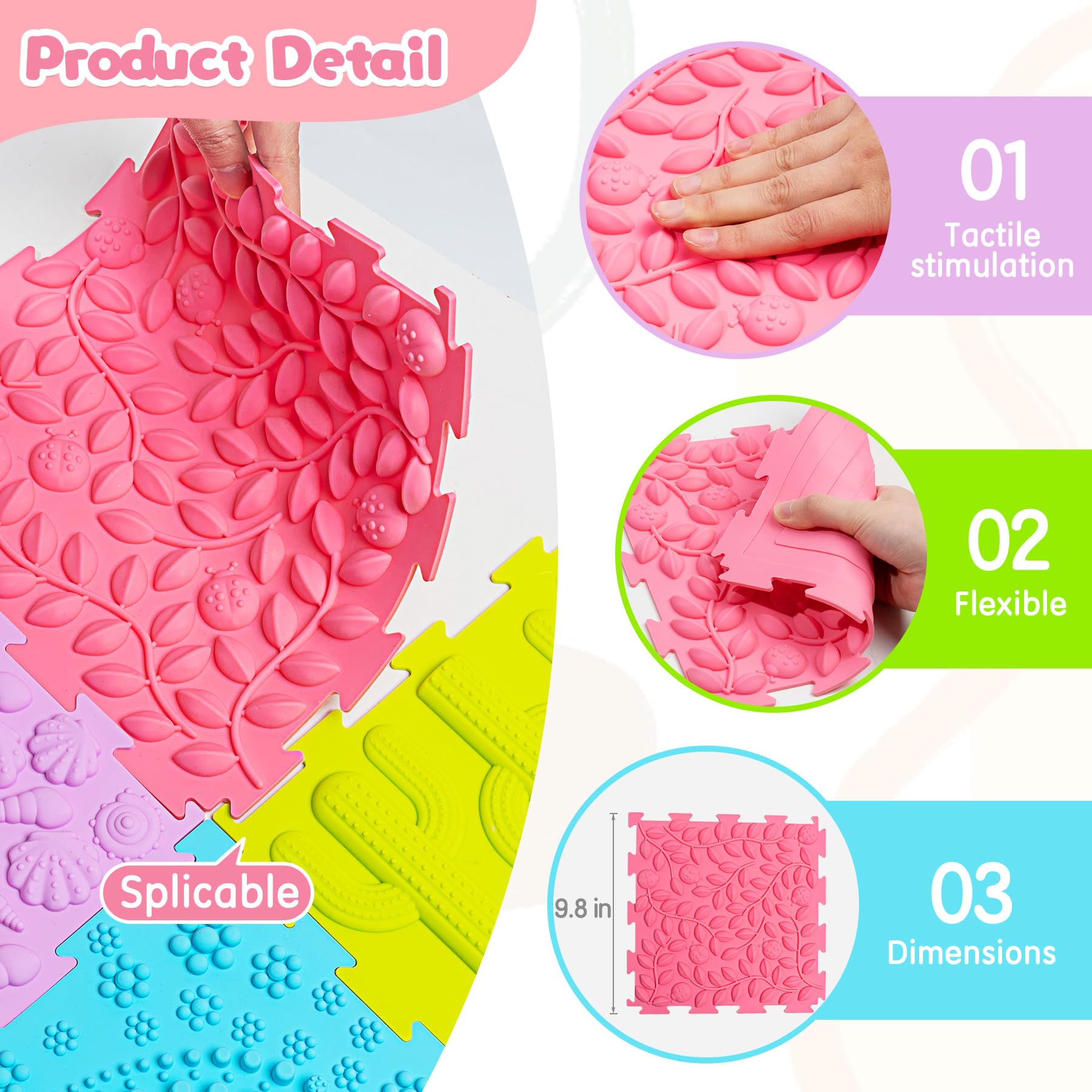 8 Pcs Sensory Mats, Sensory Tiles Puzzle Floor Mat for Kids Sensory Room Items，Different Patterns and Colors - Silicone Massage Orthopedic Mat for Children with Autism