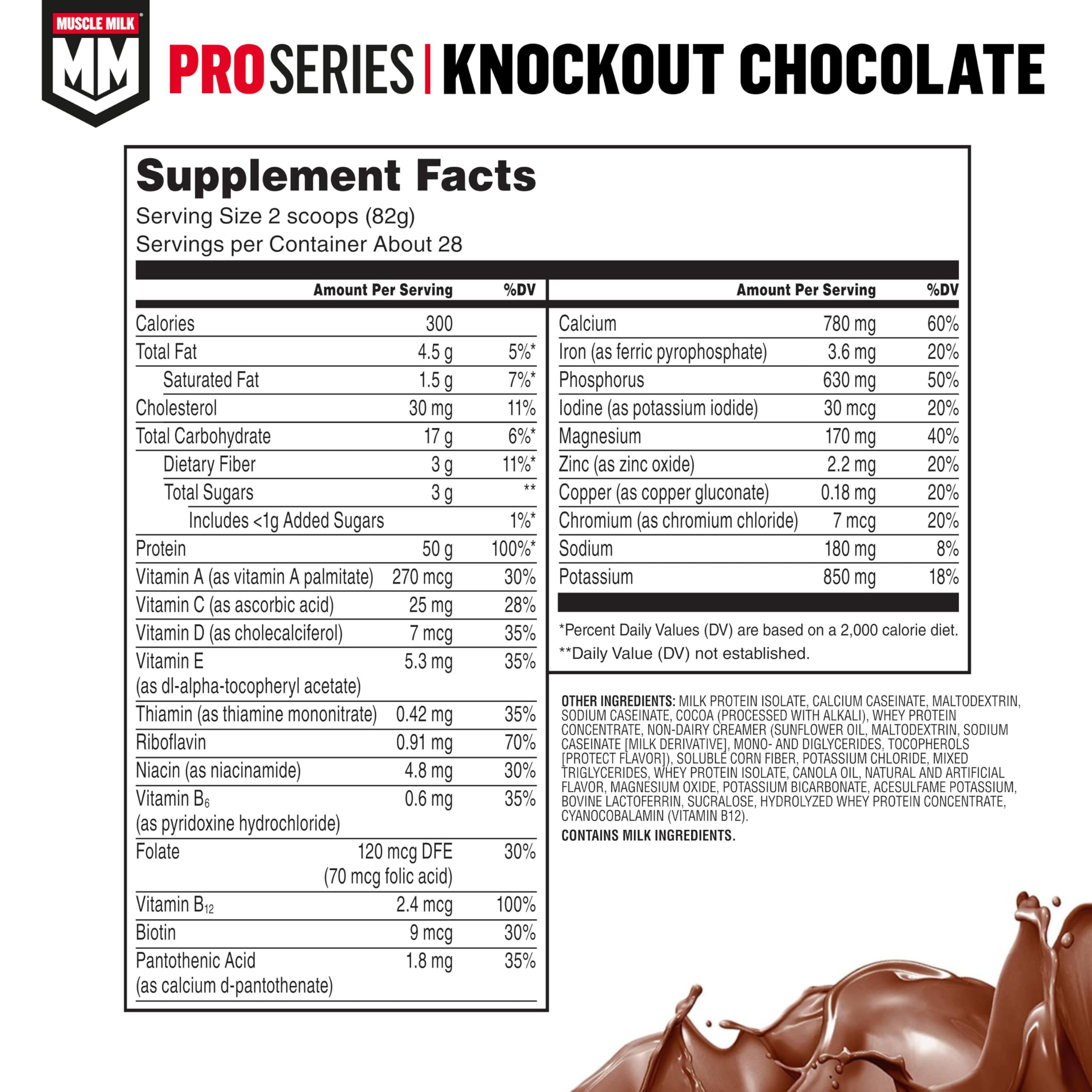 Muscle Milk Pro Series Protein Powder Supplement, Knockout Chocolate, 5 Pound, 28 Servings, 50g Protein, 3g Sugar, 20 Vitamins & Minerals, NSF Certified for Sport, Workout Recovery