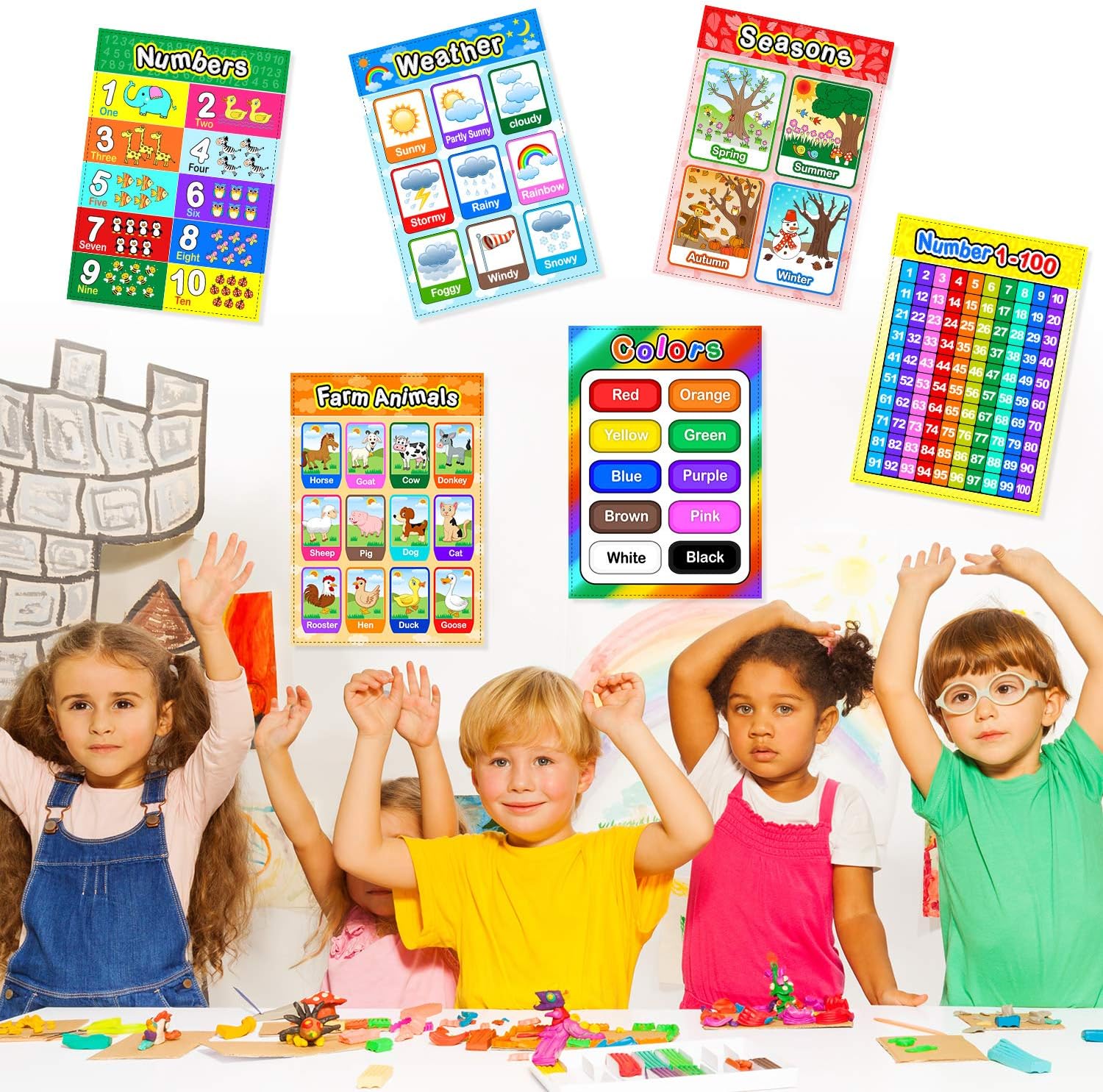 Educational Preschool Poster for Toddler and Kid with Glue Point Dot for Nursery Homeschool Kindergarten Classroom - Teach Numbers Alphabet Colors Days and More 16 x 11 Inch (12 Pieces, English Style) : Office Products