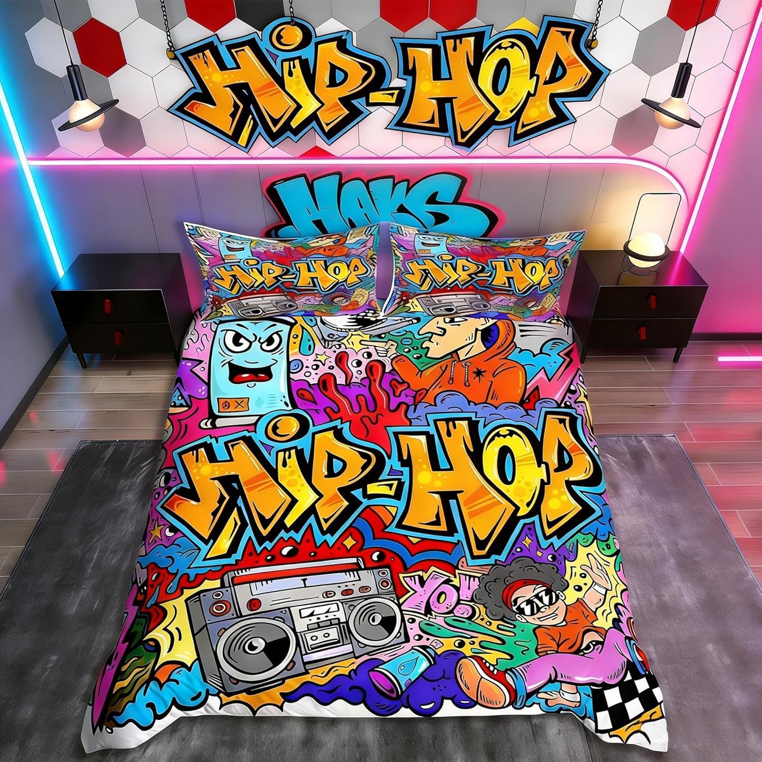 Graffiti Bedding Set for Kids Hip Hop Theme Radio Rock Youth Comforter Cover for Boys Teens, Colorful Novelty Decorative 2 Piece Single Size Duvet Cover (1 Bedspead Cover+ 1 Pillowcases),Zipper