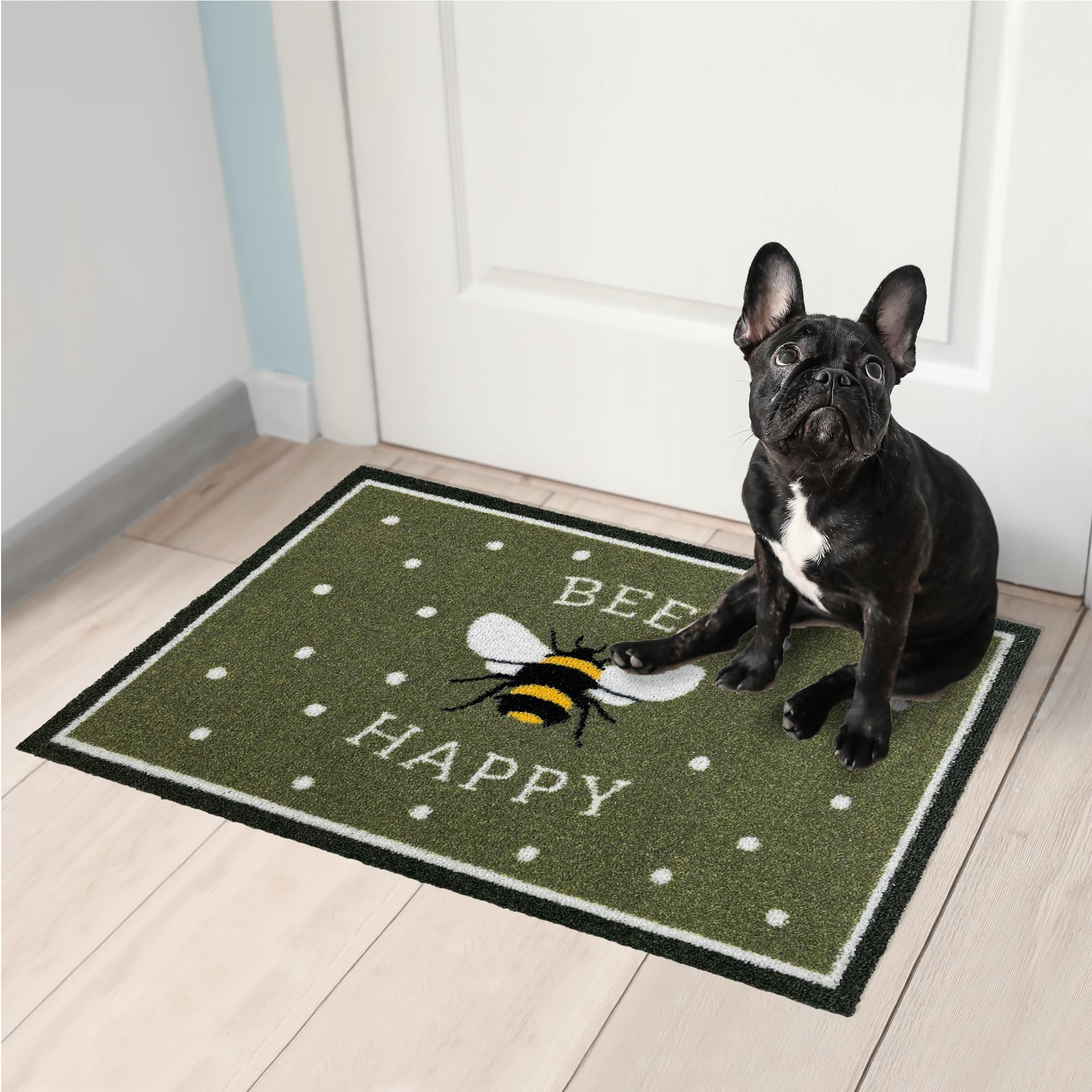 Mighty Mats Eco Flex Washable Door Mat - Highly Absorbent Anti-Slip Dirt Trapper Indoor Doormat with Anti-Curl Rubber Base - Bee Happy Green, 50 x 75cm