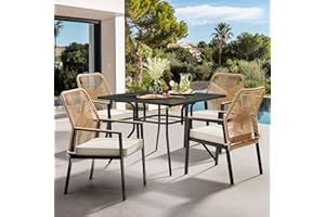 SUNCOZE 5 Pieces Outdoor Dining Set, Patio Outdoor Table and Chairs Set for 4 with Cushion, Rattan Outdoor Patio Furniture Sets for Backyard and Porch, Beige