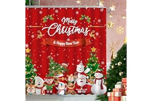 JWXCBIM Merry Christmas and Happy New Year Red Shower Curtain, Santa Claus Snowman Reindeer Home Bathroom Bathtub Decor, Polyester Cotton Fabric Waterproof Bath Curtain with 12 Hooks 72x72 Inches