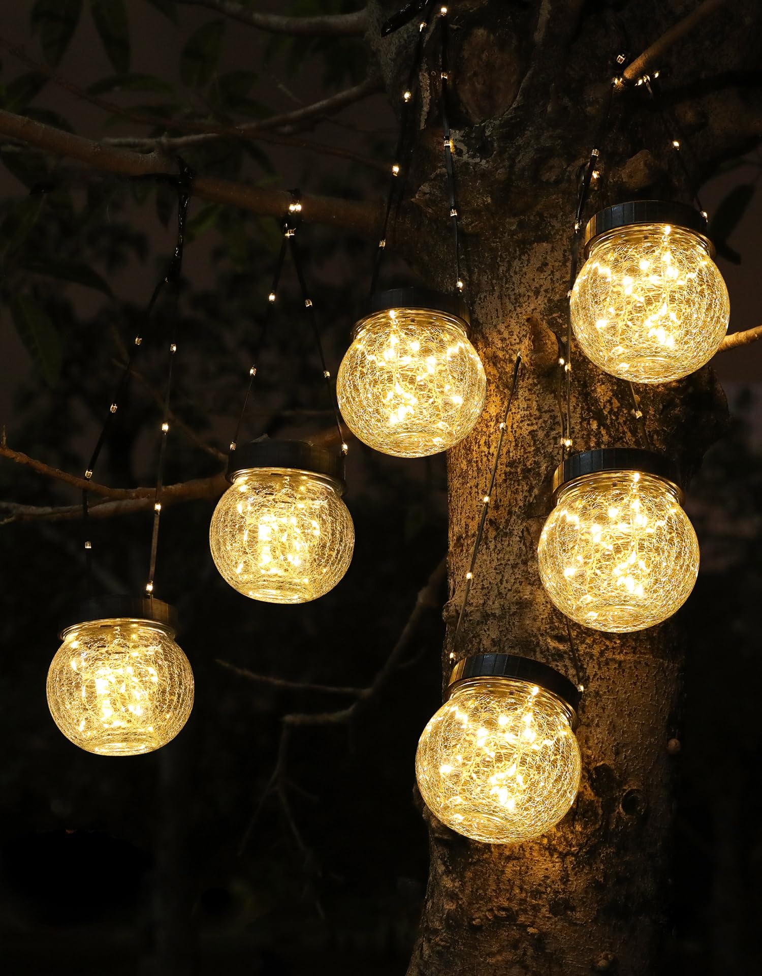 Photo 1 of Solar Lantern Solar Lights Outdoor Waterproof 6-Pack, Solar Powered Hanging Lights Cracked Glass Hanging Globes for Christmas Decoration, Shepherd Hook, Garden Tree Ornaments