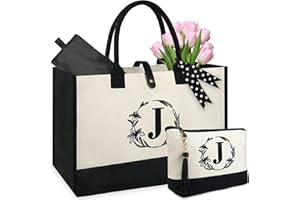 BeeGreen Personalized Gifts for Friends Female Sisters Initial Tote Bag for Women with Makeup Bag Canvas Beach Tote Bag (Letter J)
