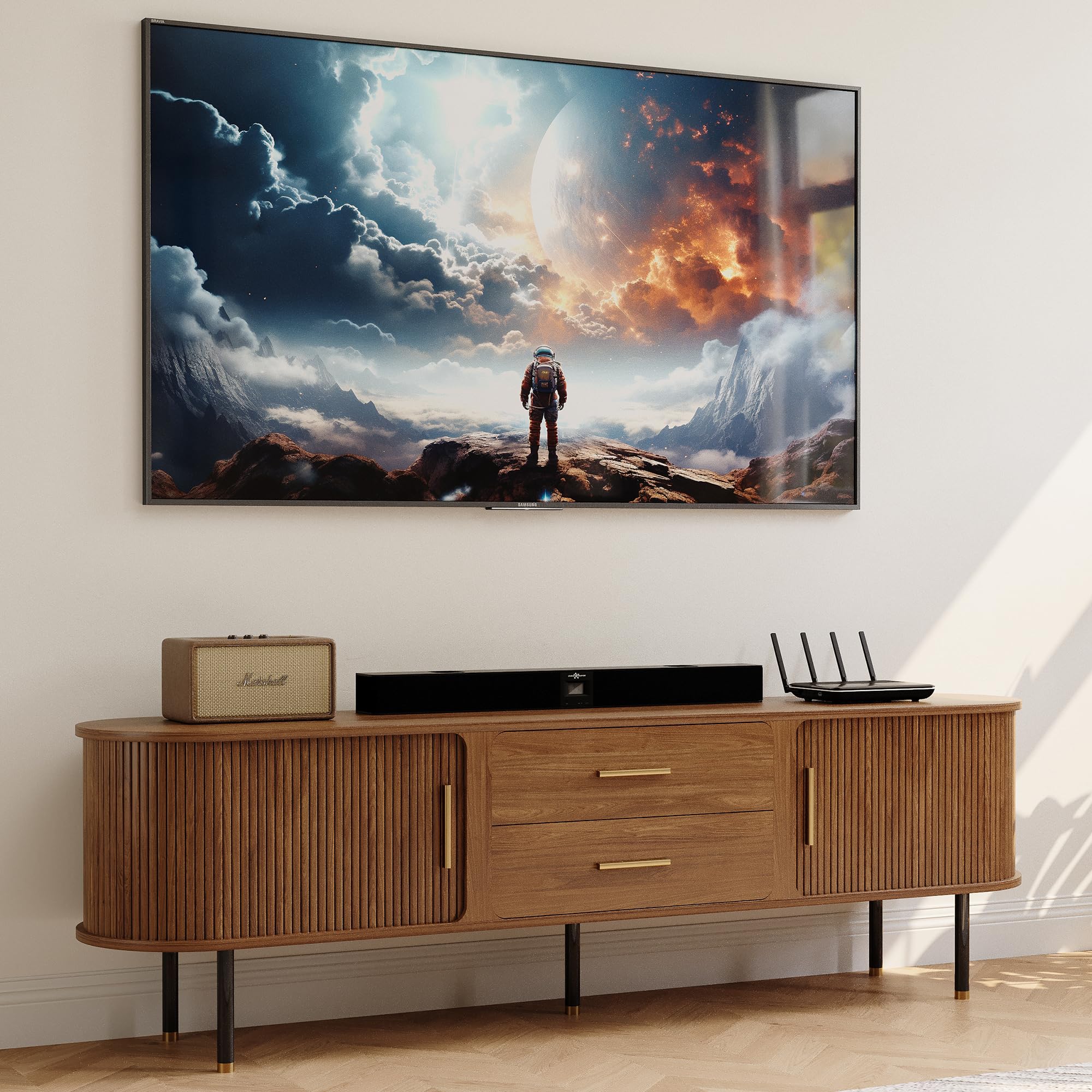 Photo 1 of **SLING DOOR PART IS LOOSE. TWO DENTS**POVISON 78.74" Sliding Tambour Door TV Stand, Fully Assembled Mid Century Modern TV Console, Wood Media Console with Tall-Cast Metal Legs, Entertainment Center with Storage Cabinet for Living Room