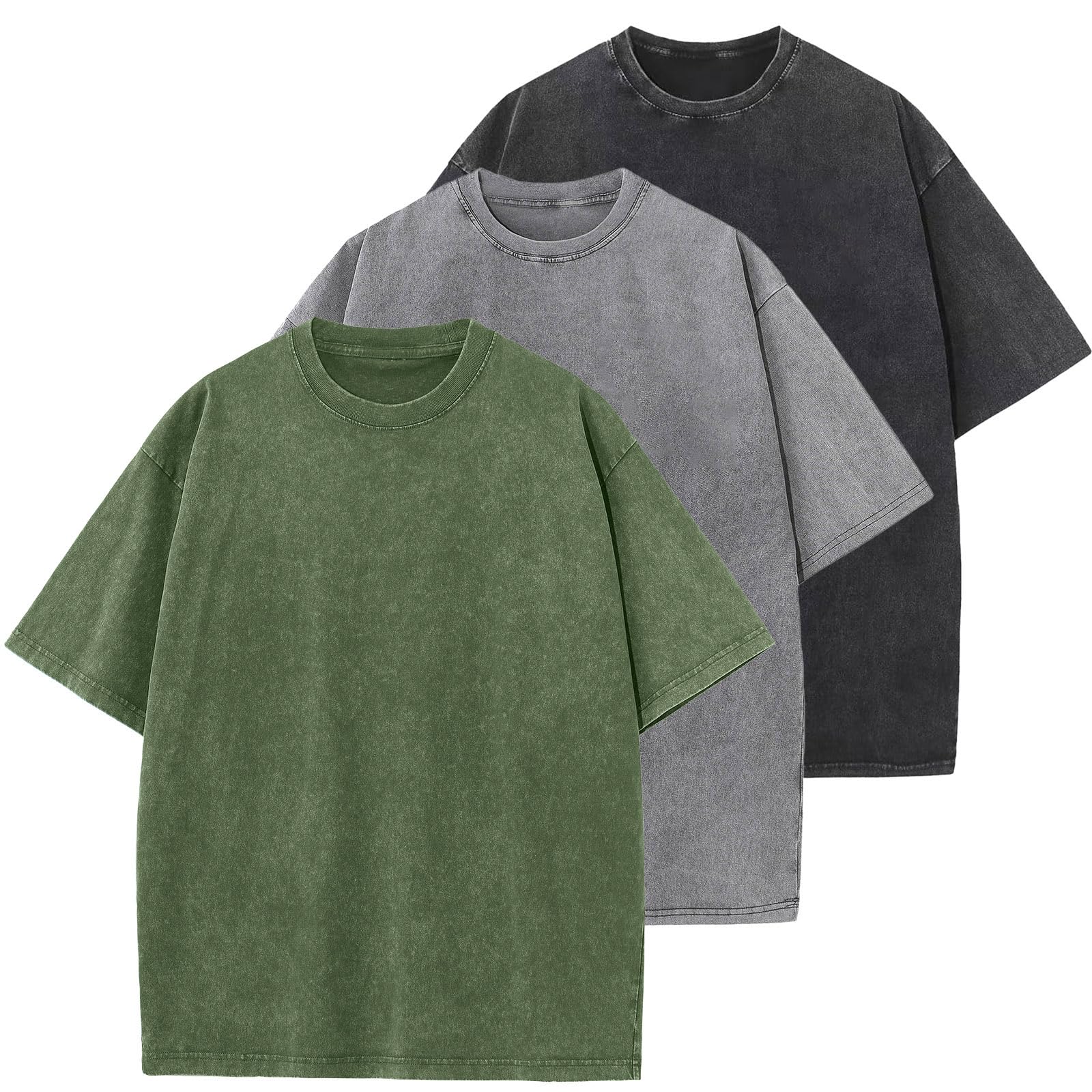 3 Pack Men's Oversized Cotton T-Shirts Loose Fit Vintage Tee Short Sleeve Casual Tshirts Solid Tops(BKGYAG,2XL) Image