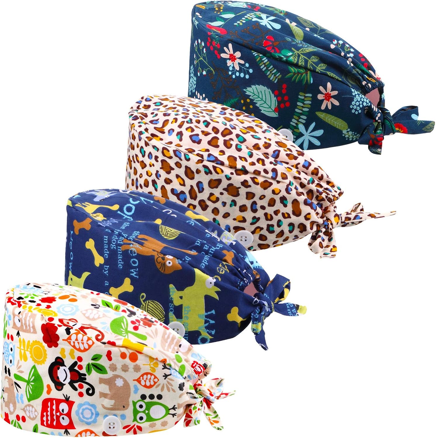 4 Pieces Bouffant Hats Working Cap with Button Sweatband, Adjustable Tie Back Floral Animal Printed Unisex Caps for Women Men: Clothing