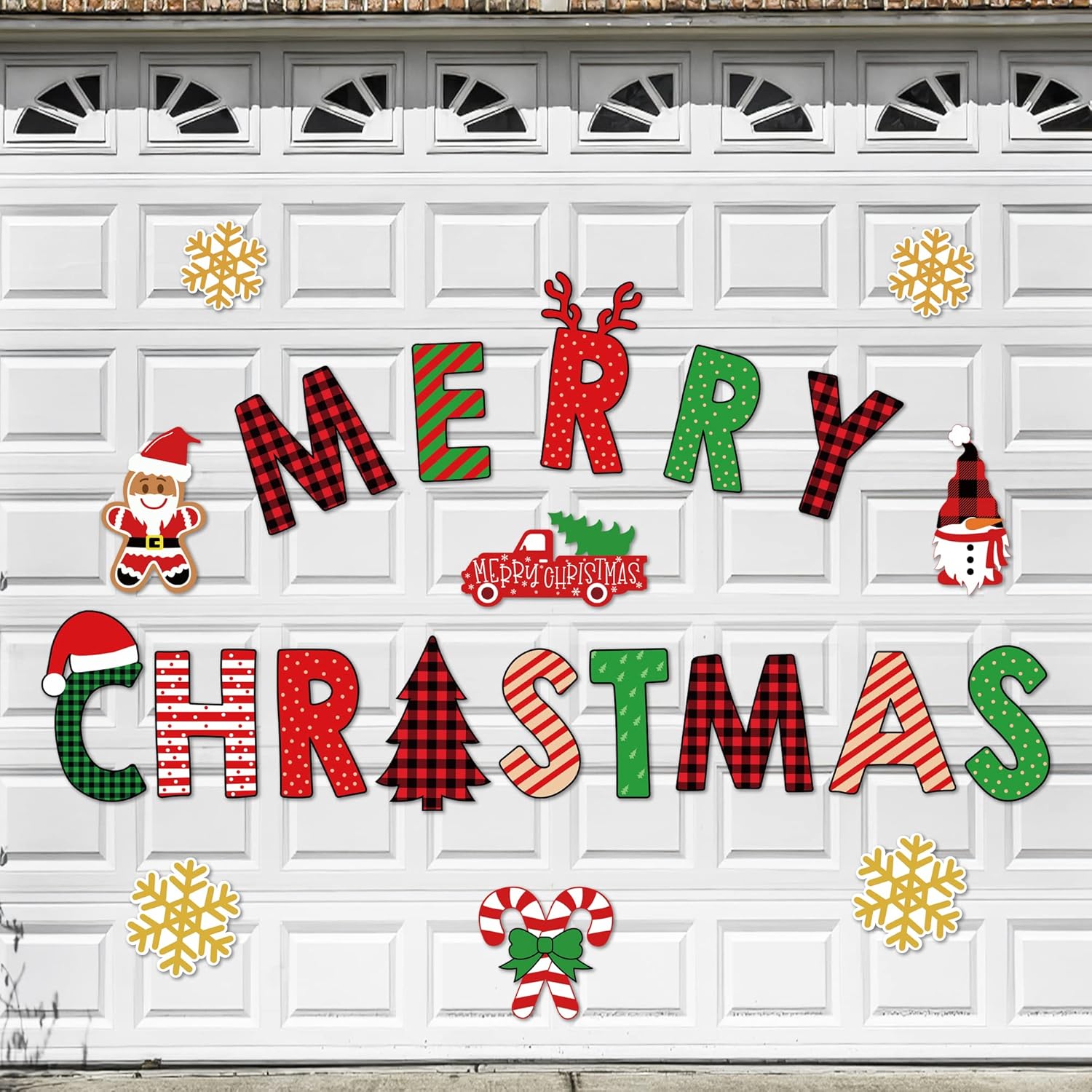 Garage Door Decorations - 22 Pcs Christmas Garage Door Magnets Decorations, Buffalo Plaid Merry Christmas Garage Door Decorations Magnetic Refrigerator Stickers, Red Black Christmas Garage Door Decals for Xmas Holiday Decor