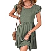Vrtige Women's 2025 Summer Casual Mini Dress Crewneck Ruffle Short Sleeve Pleated A Line Short Dress Army Green Small