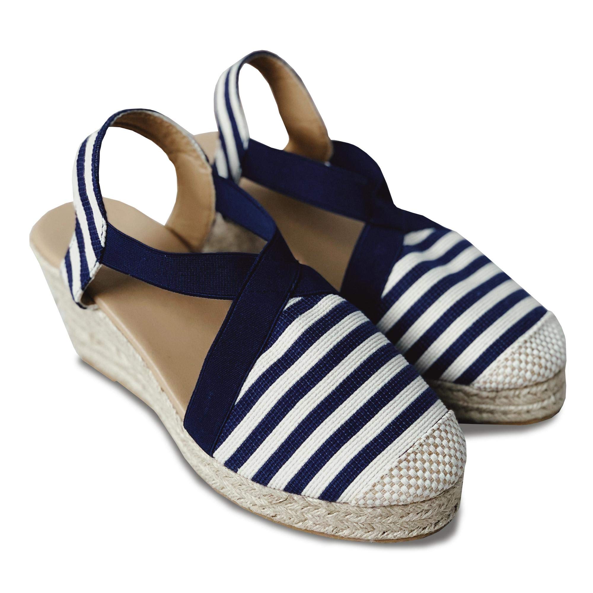 Womens Closed Toe Espadrilles Wedge Sandals Elastic Ankle Strap Heels Dress Shoes