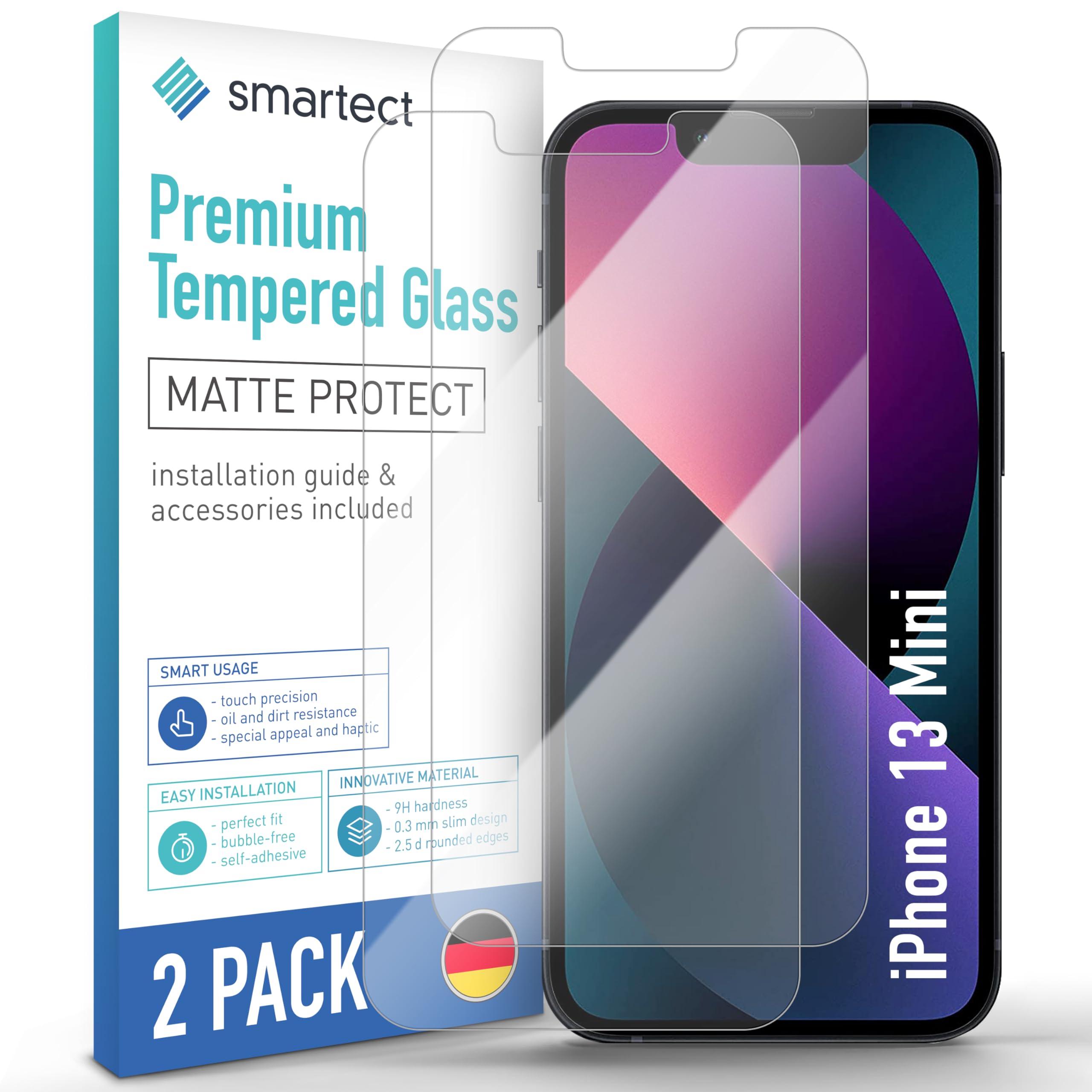 smartect Glass Screen Protector [2 Pieces, Matte] for iPhone 13 mini, Anti Glare Protective Film Anti Scratch, Bubble Free, 9H Hardness, Ultra Resistant