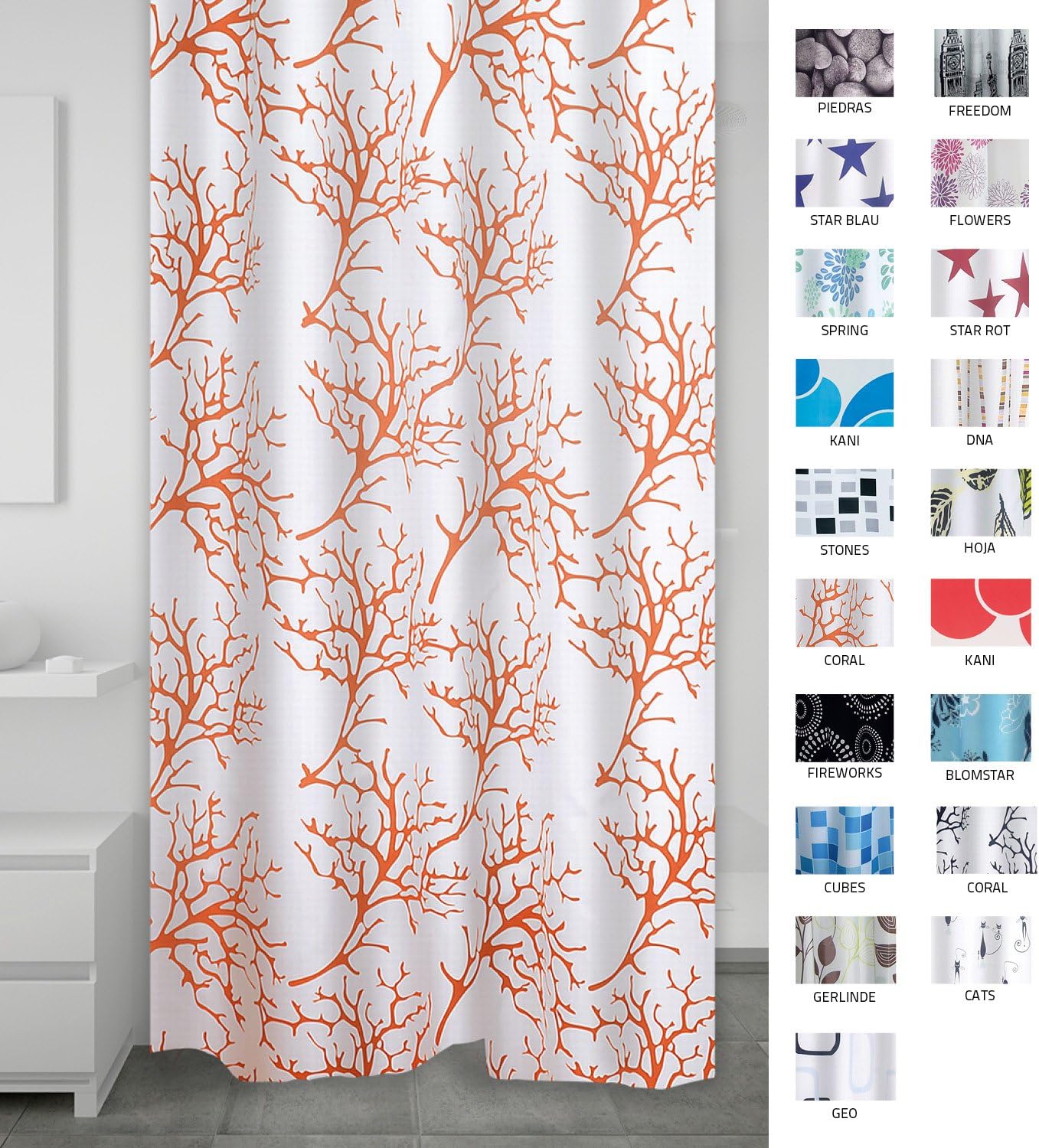 Ridder Textile Shower Curtain, White/Coral