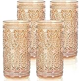 abrwyy Amber Glassware set of 4 Vintage Drinking Glasses, 12oz Amber Heavy Duty Glass Cups, Old Fashioned Glass, Highball Glasses Set for Party Wedding Home Office Glassesware Gift