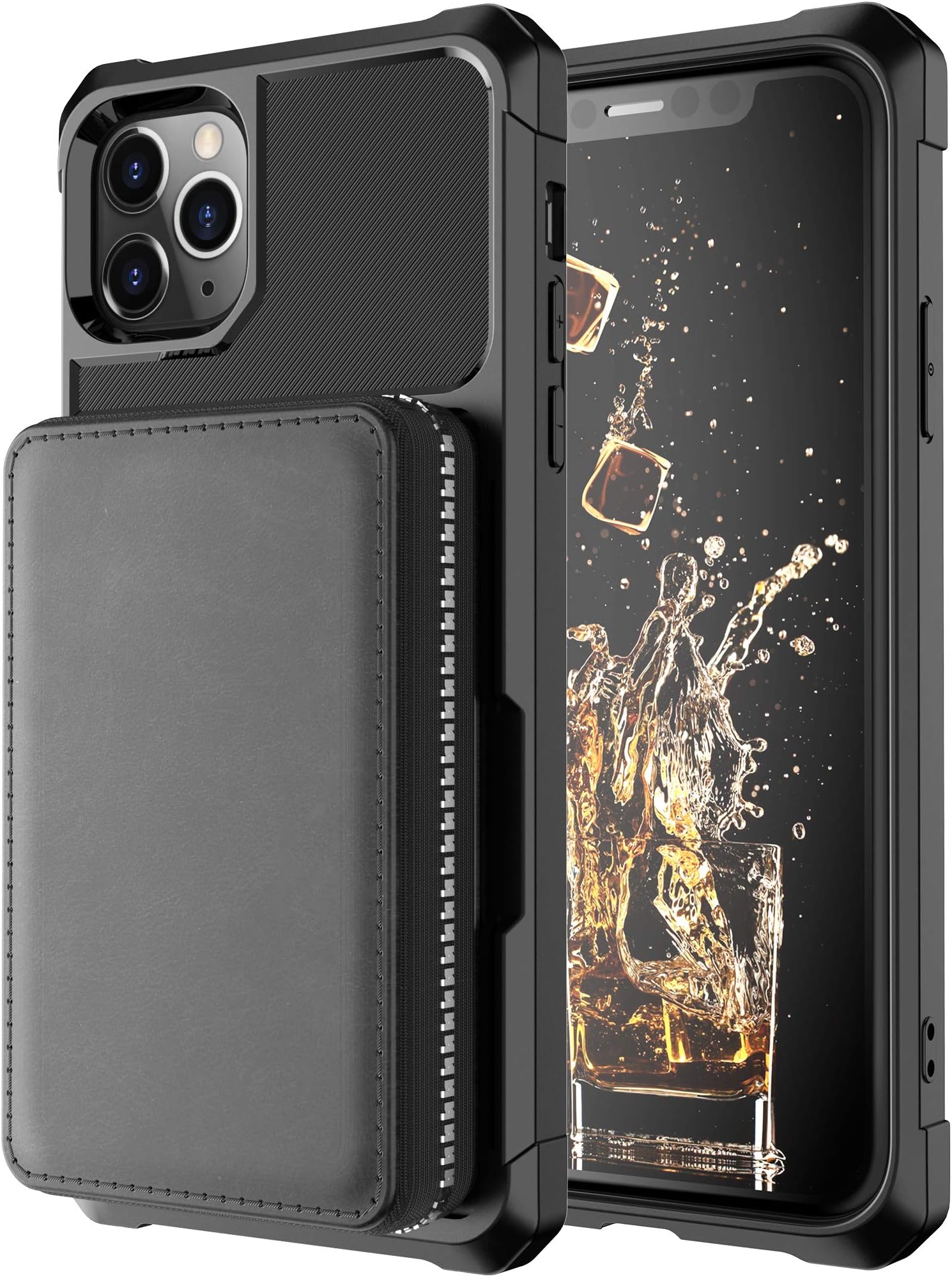 Wallet Case for iPhone 11 Pro Max Apple,Leather Zipper Credit Card Cash Slot Shockproof Protective Cover Large Capacity Shell Kickstand Men Women