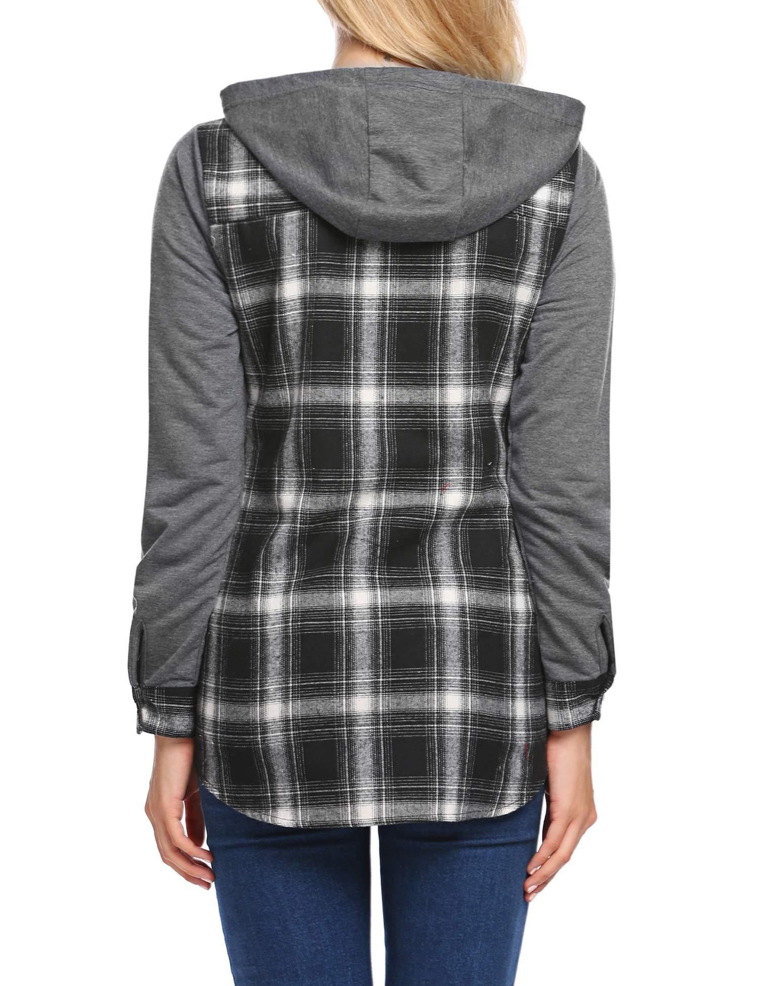 Billti Womens Casual Long Sleeve Plaid Button Hooded Shirt