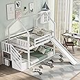Merax Twin Over Twin House Bunk Bed Frames with Slide and Storage Staircase, No Box Spring Needed, White